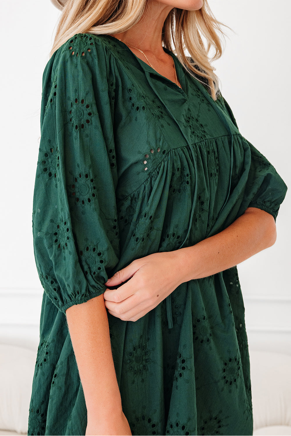 Embroidered Eyelet Pattern 3/4 Puffy Sleeve Swing Mini Dress - Dresses/Mini Dresses