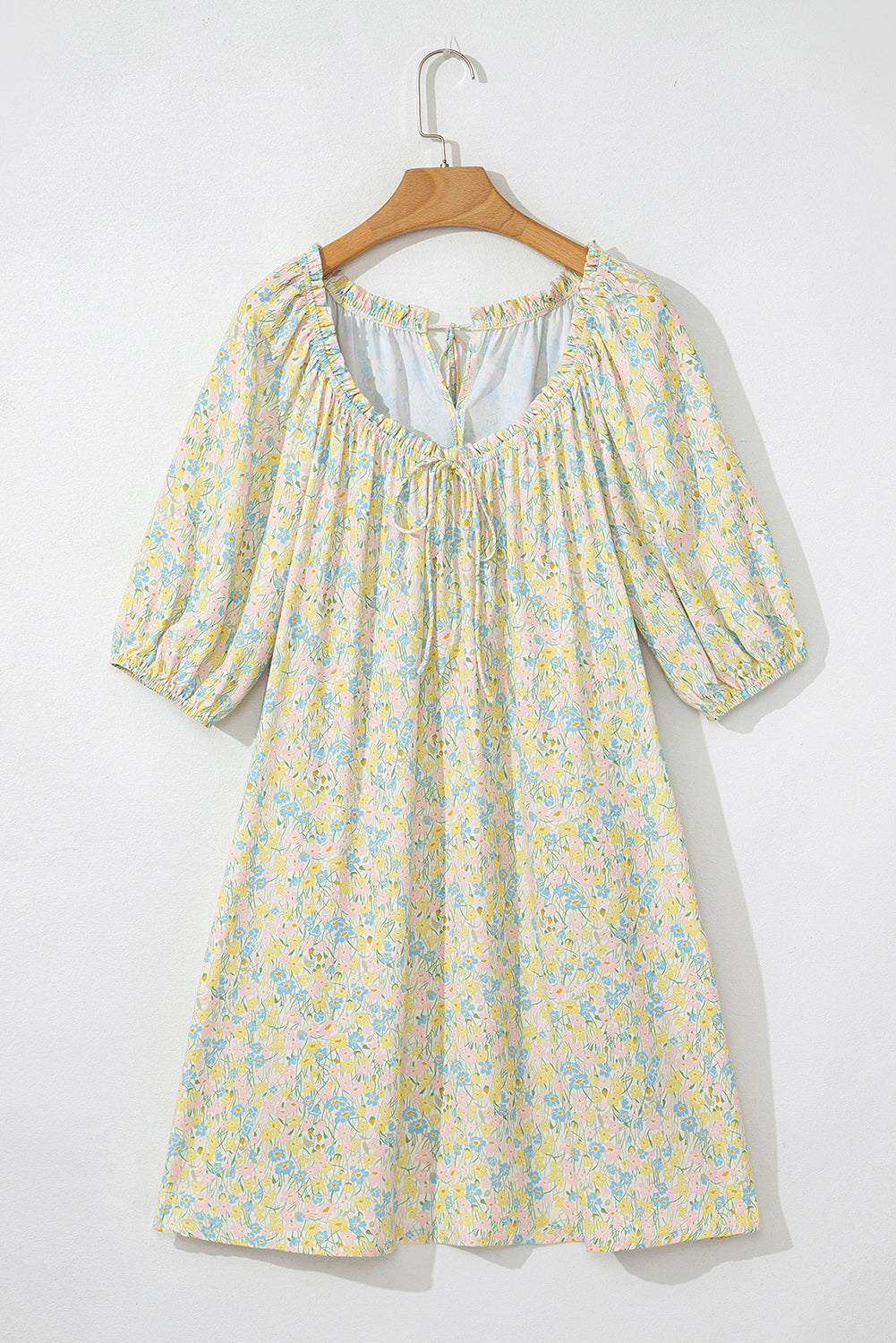 Green Floral Half Sleeve Frilled U Neck A-line Short Dress eAura