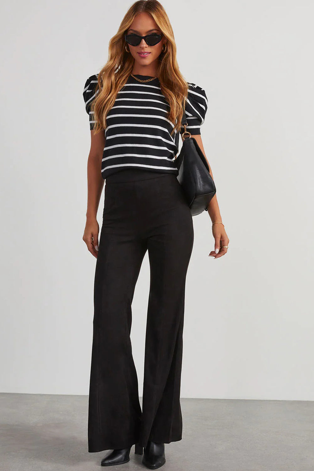 Ribbed Trim Round Neck Bubble Sleeve Knitted Top eAura