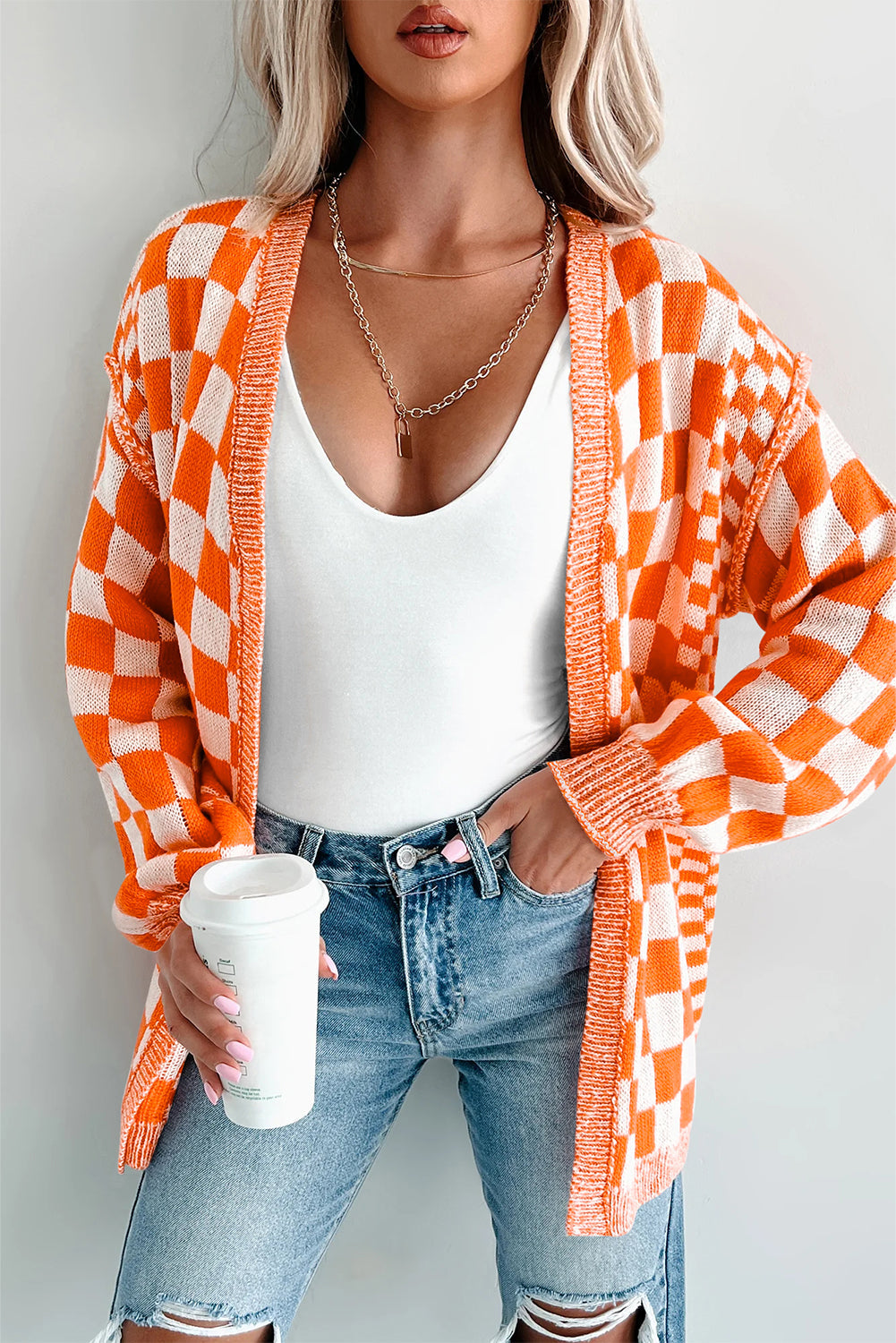 Orange Checkered Open Front Drop Shoulder Cardigan Dear-Lover Dropshipping