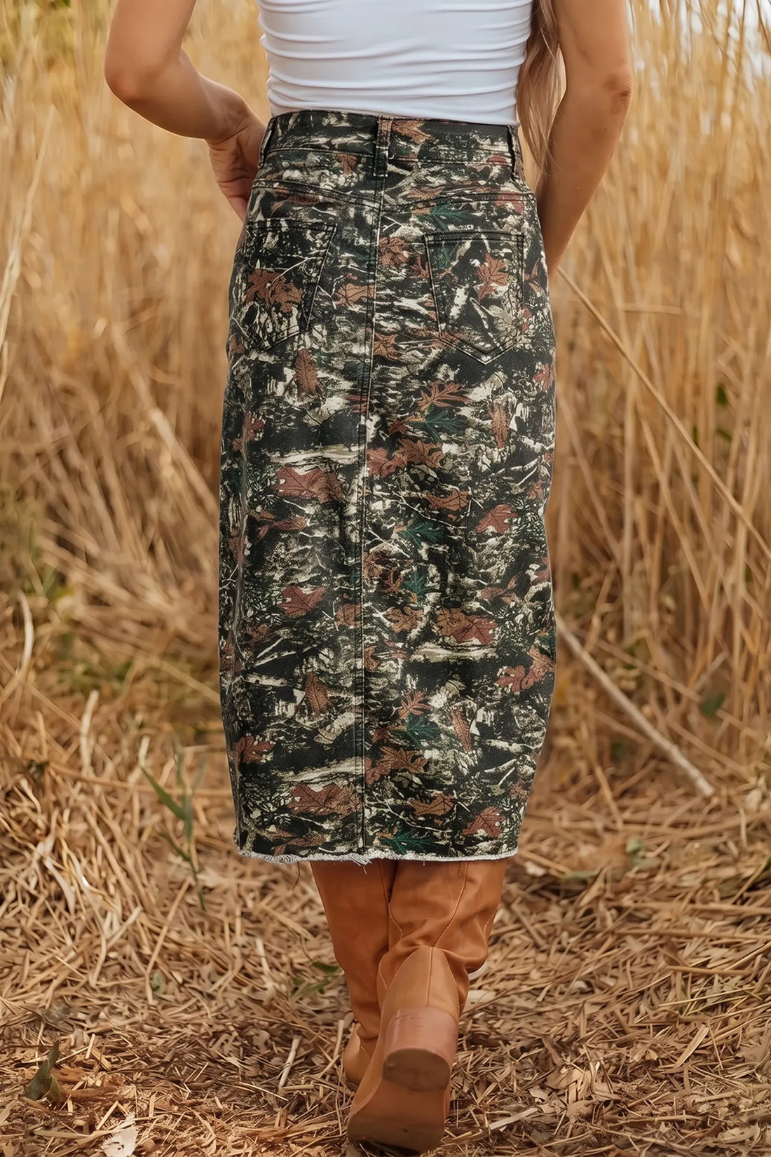 Woodland Camouflage Raw Hem Midi Skirt