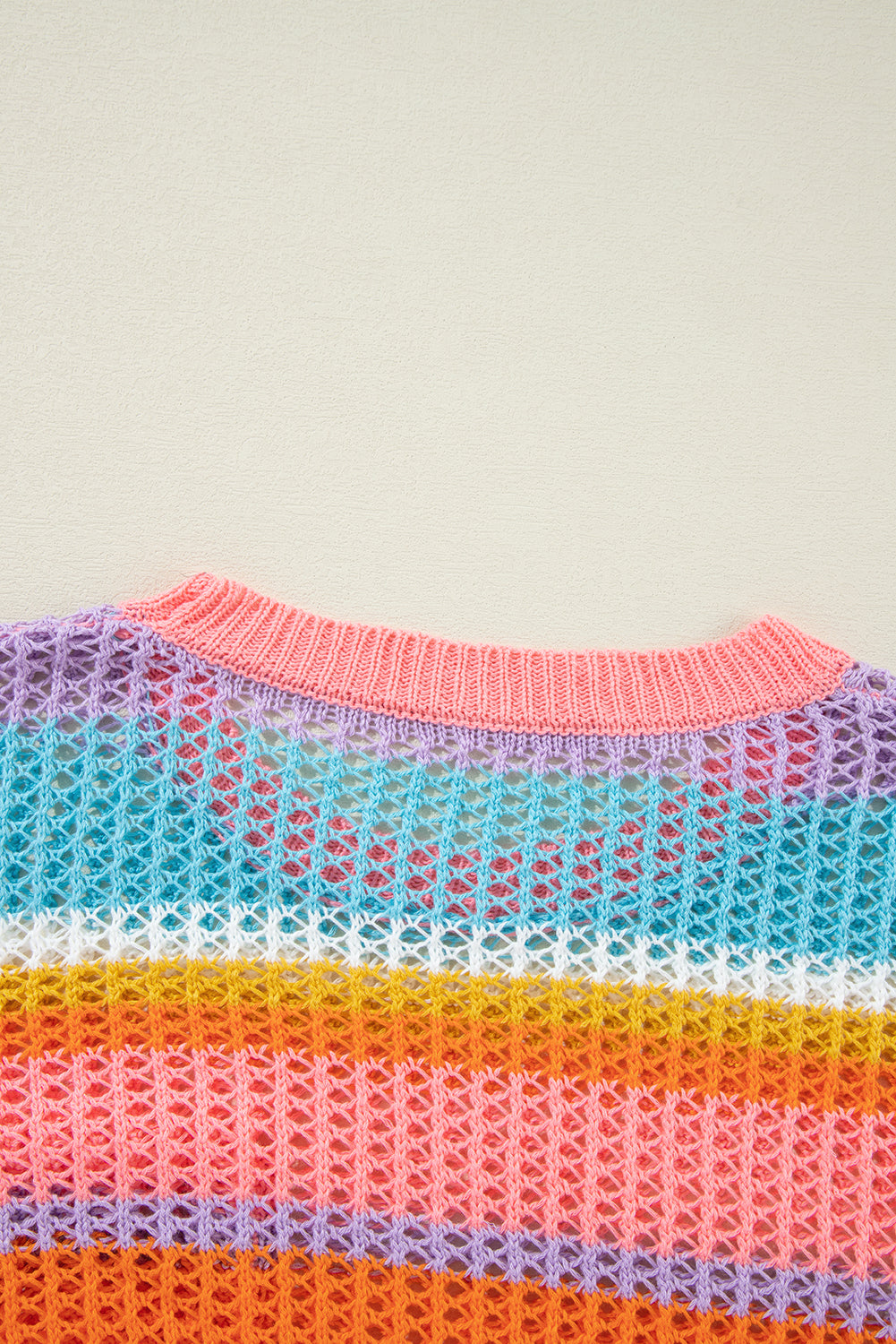 Pink Stripe Colourblock Hollowed Crochet 3/4 Sleeve Sweater eAura