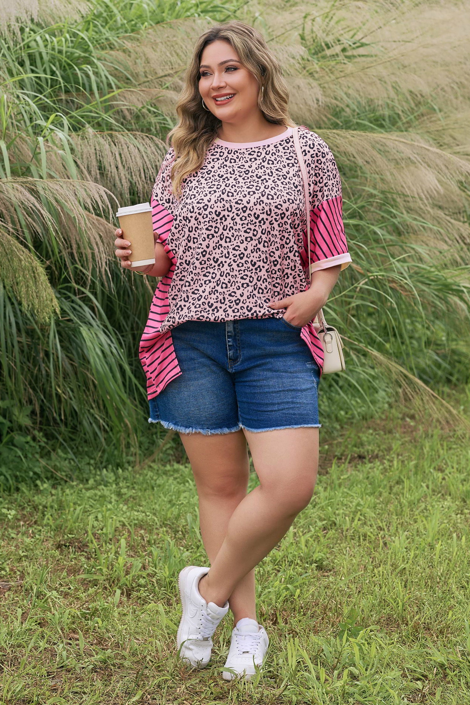 Plus Size Leopard Striped Contrast Patchwork Tee – Pink