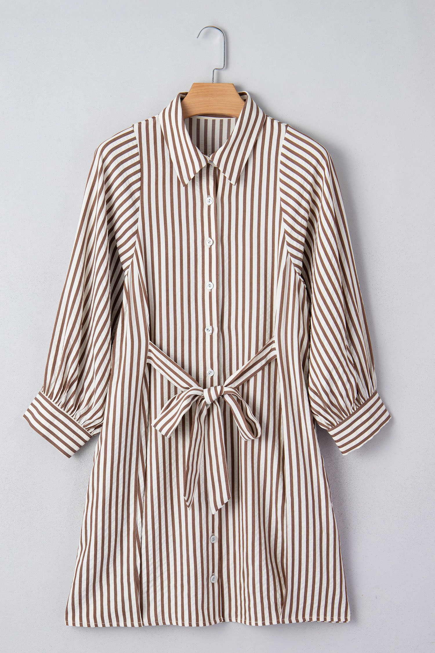 Stripe Knot Waist Puff Sleeve Button Down Mini Shirt Dress