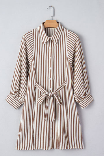 Stripe Knot Waist Puff Sleeve Button Down Mini Shirt Dress