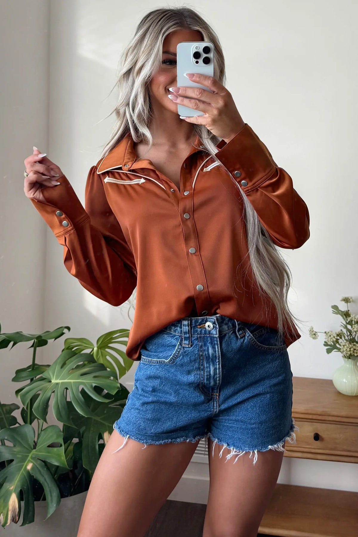 Cinnamon Silky Long Sleeve Button Front Western Fashion Shirt