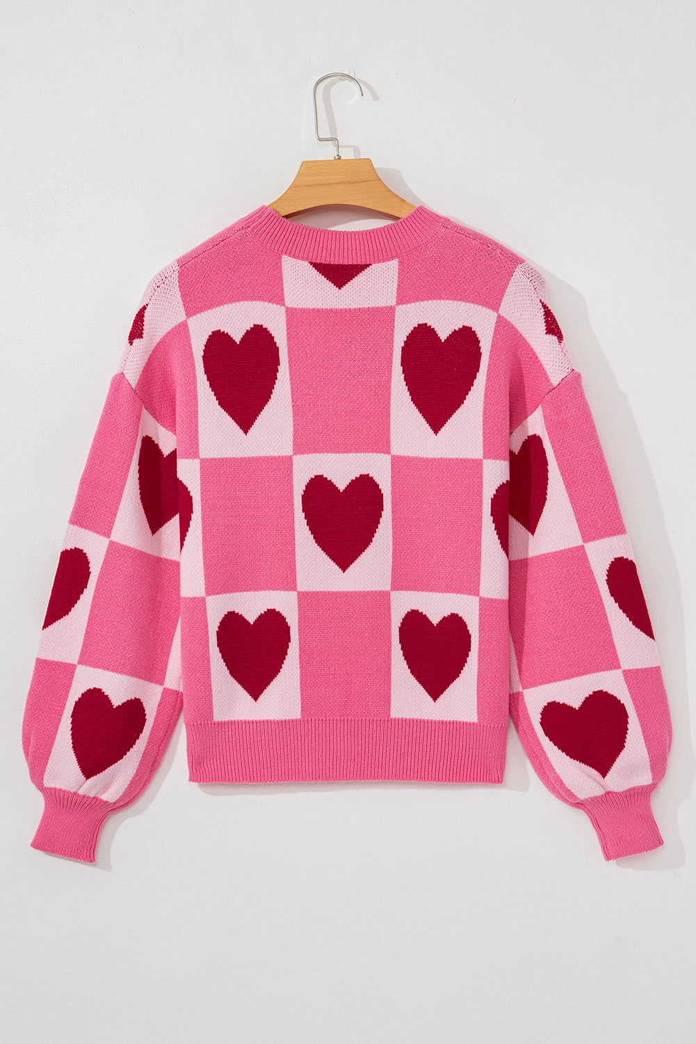 Pink Love Heart Checkered Valentine Crew Neck Sweater eAura