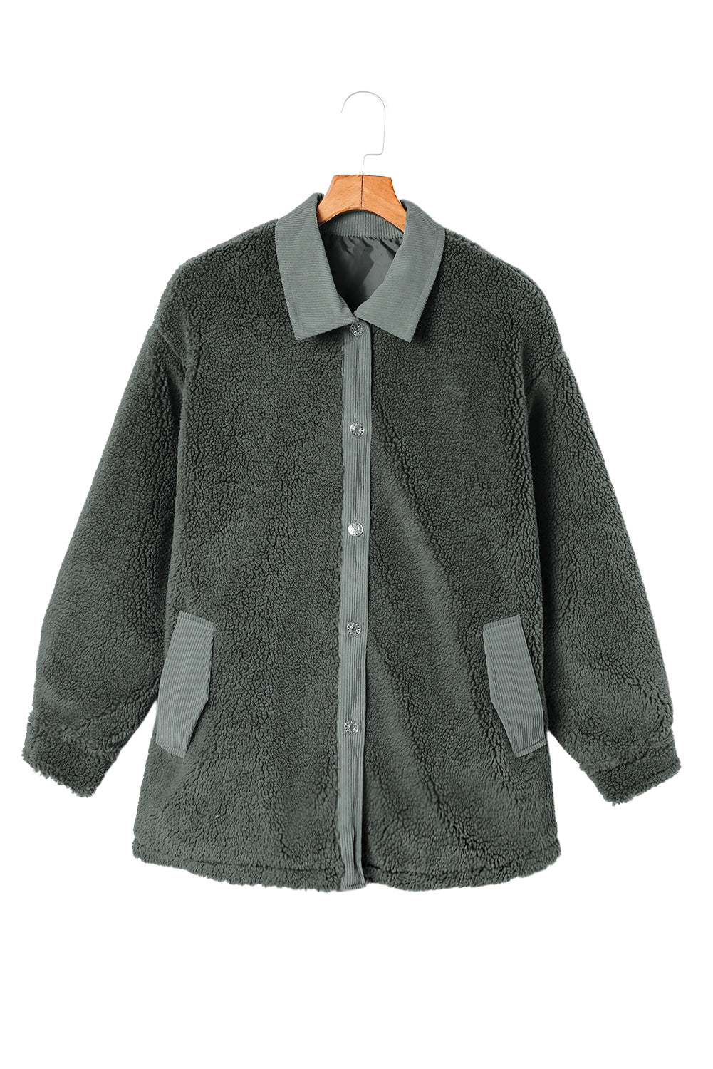 Grey Corduroy Trim Elbow Patch Sherpa Jacket Beagle Boutique Fashion Outlet