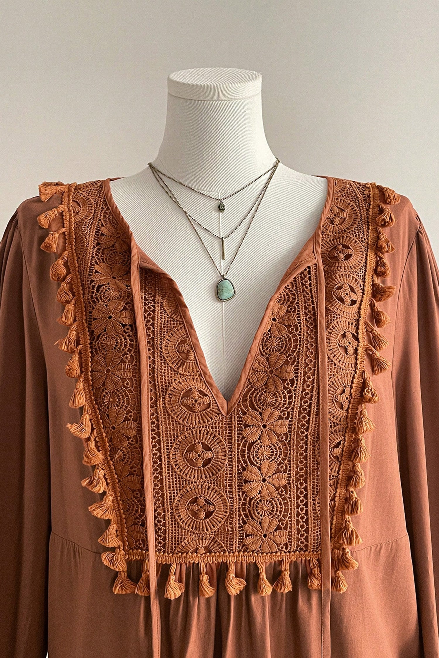 Boho V Neck Embroidered Tassel Long Sleeve Plus Size Blouse – Chestnut