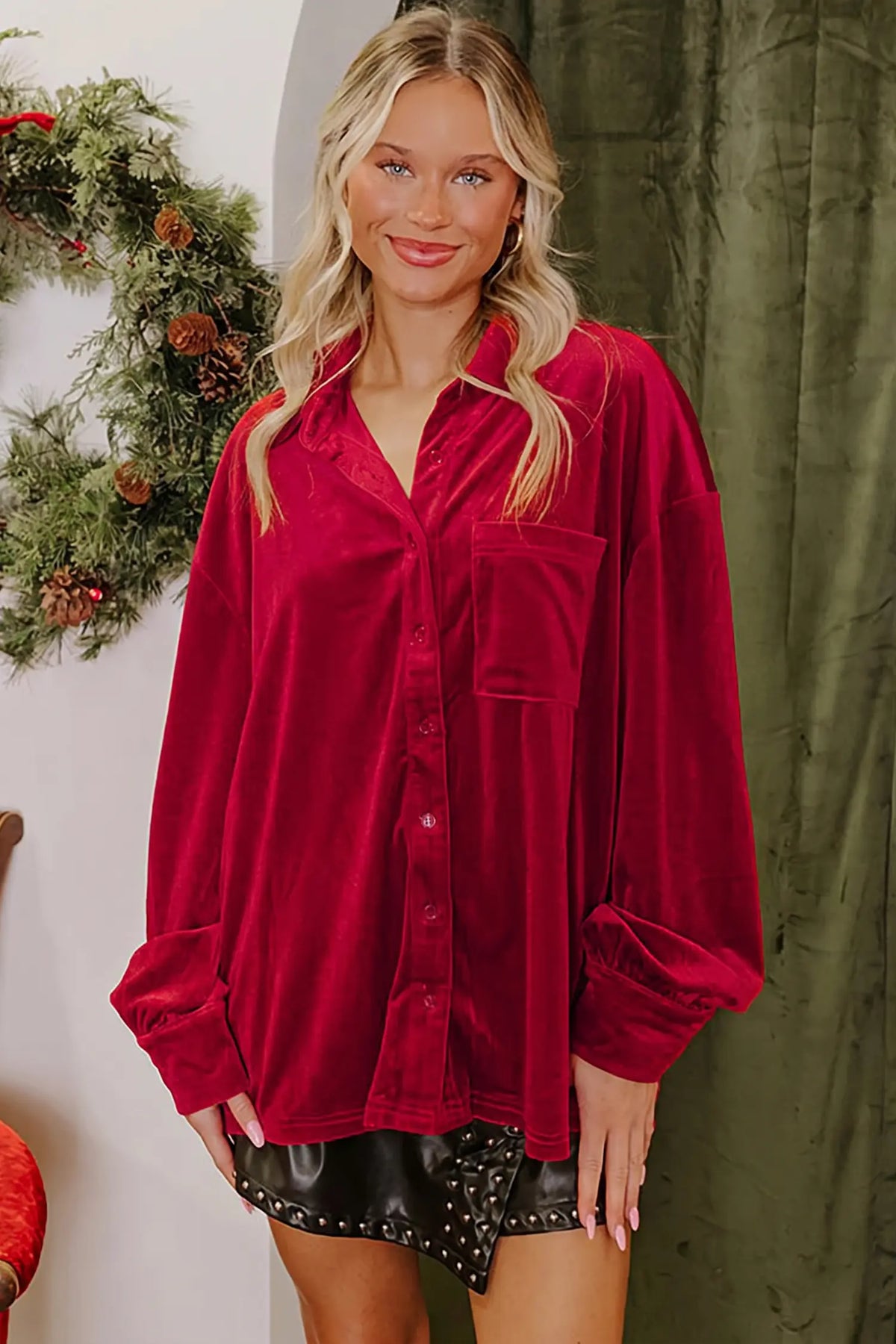 Button-down velvet shirt with patch pocket
