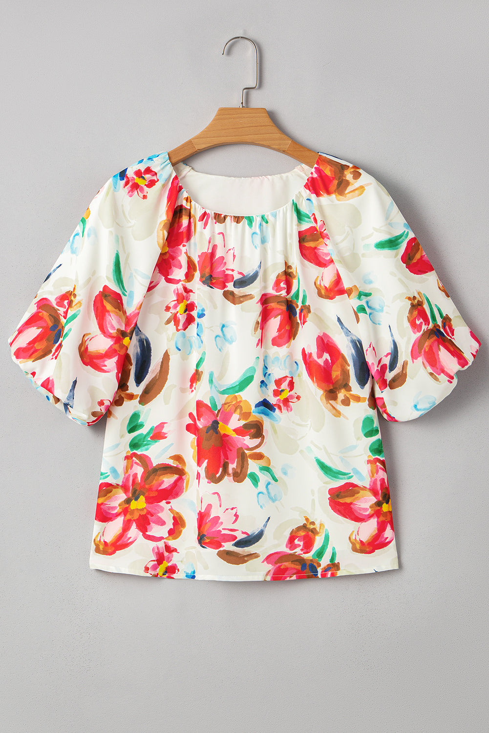 White Floral Print Puffy Half Sleeve Blouse eAura