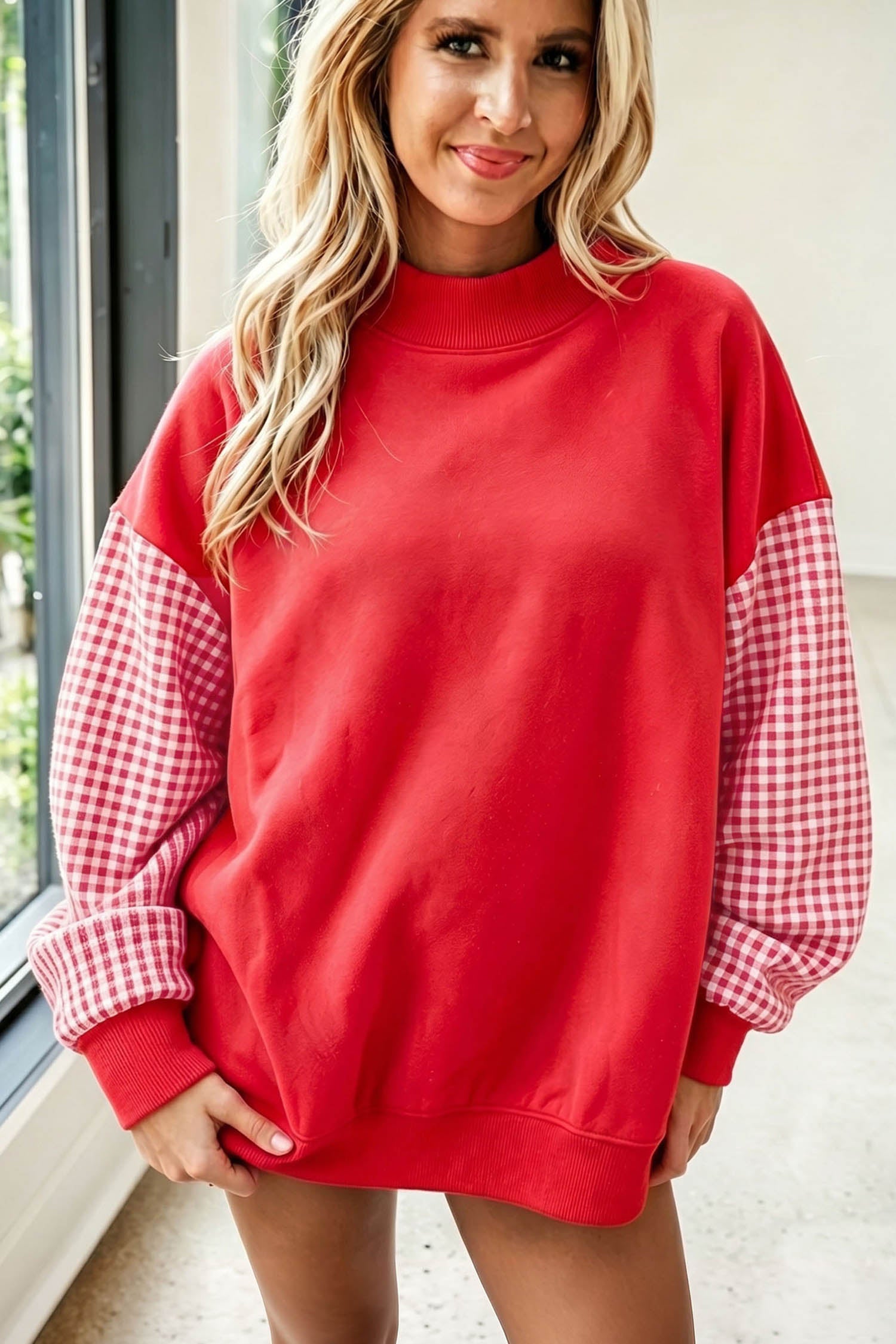 Plaid Sleeve Colorblock Loose Tunic Sweatshirt – Fiery Red