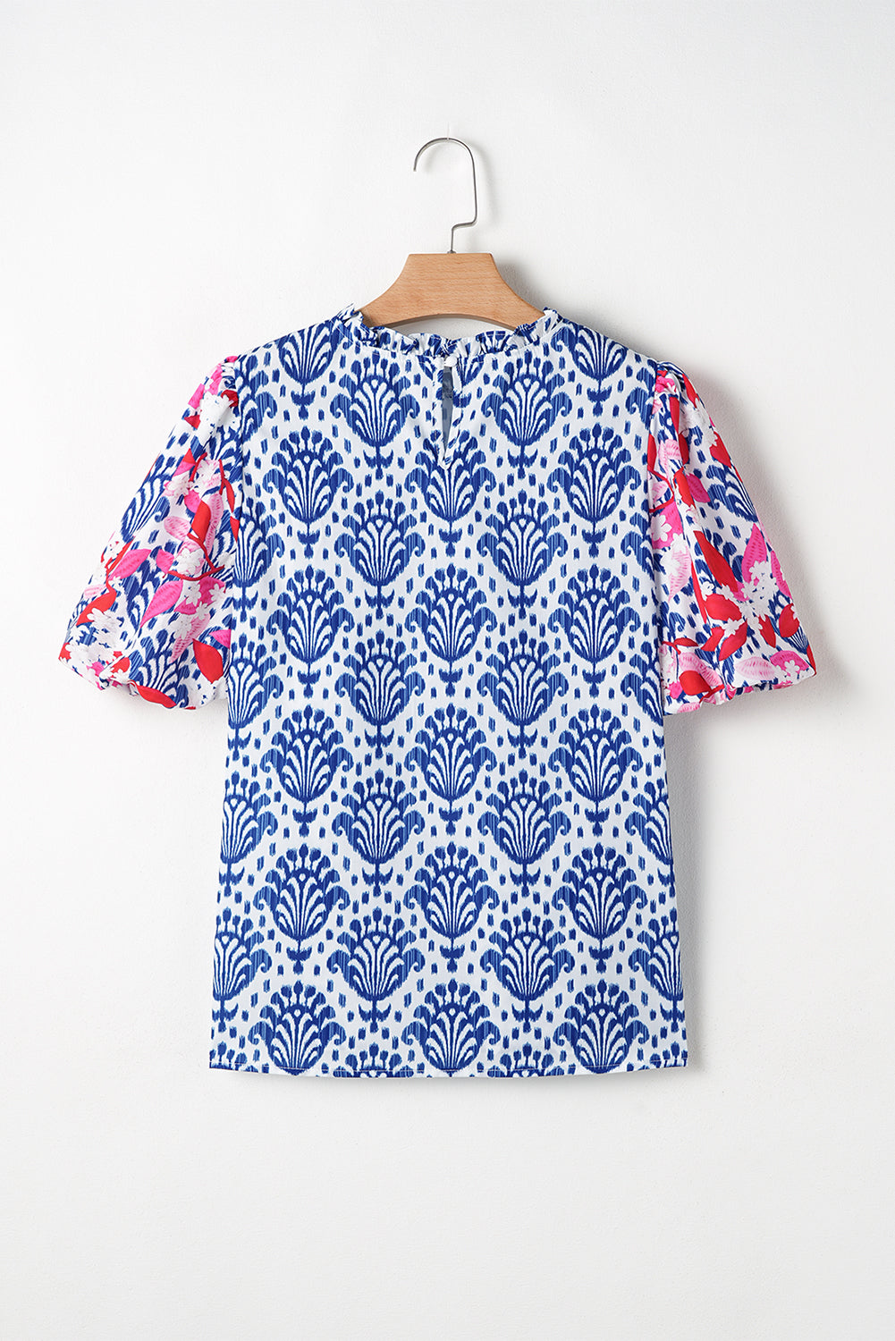 Blue Western Fashion Print Floral Puff Sleeve Frilled Neck Blouse eAura