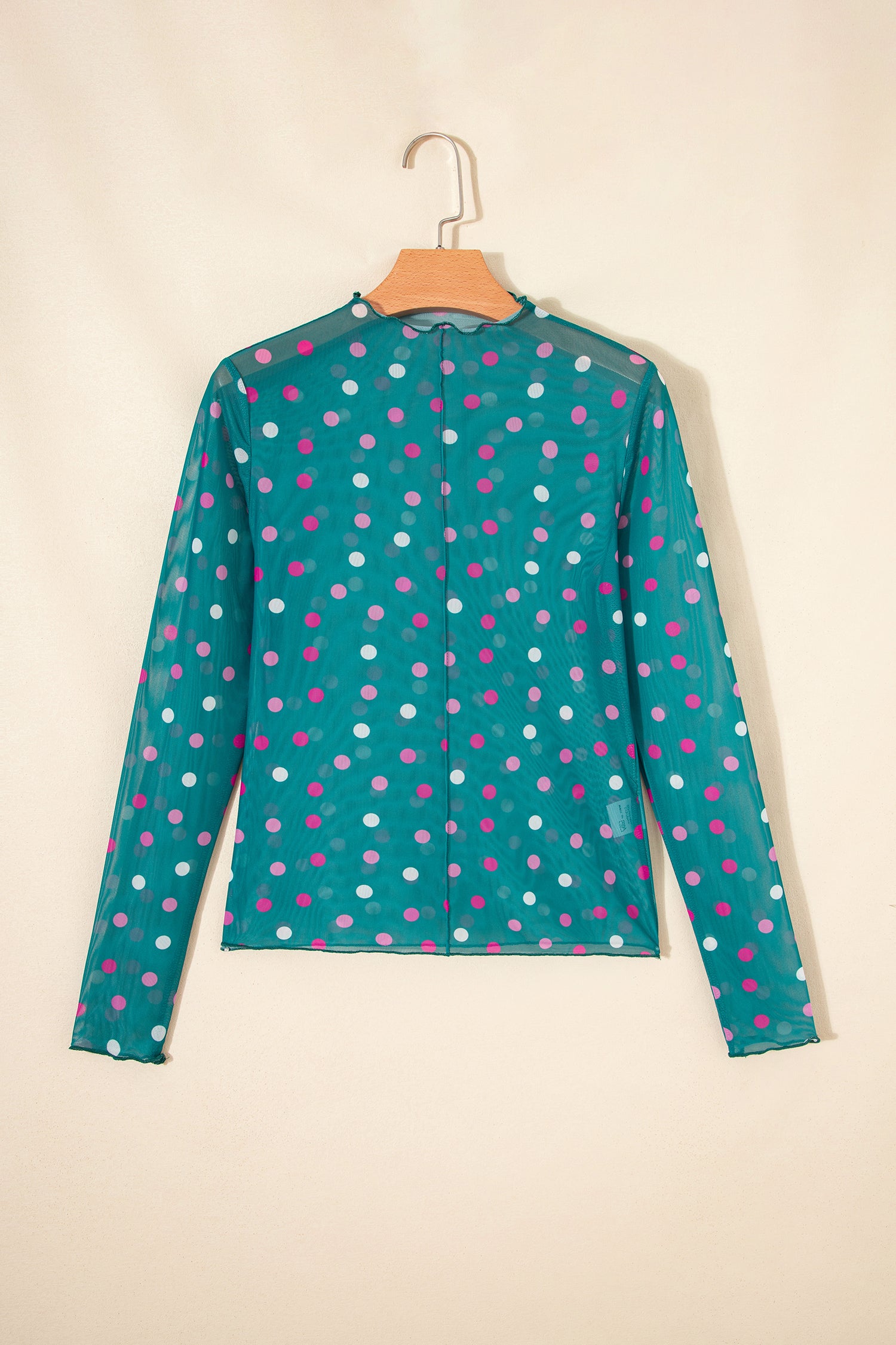 Polka Dot Bodycon Mock Neck Mesh Long Sleeve Top
