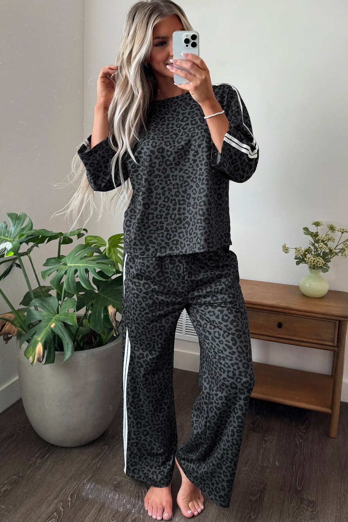 Leopard Print Varsity Striped Detail 3/4 Sleeve Top Shift Pant Set – Pink