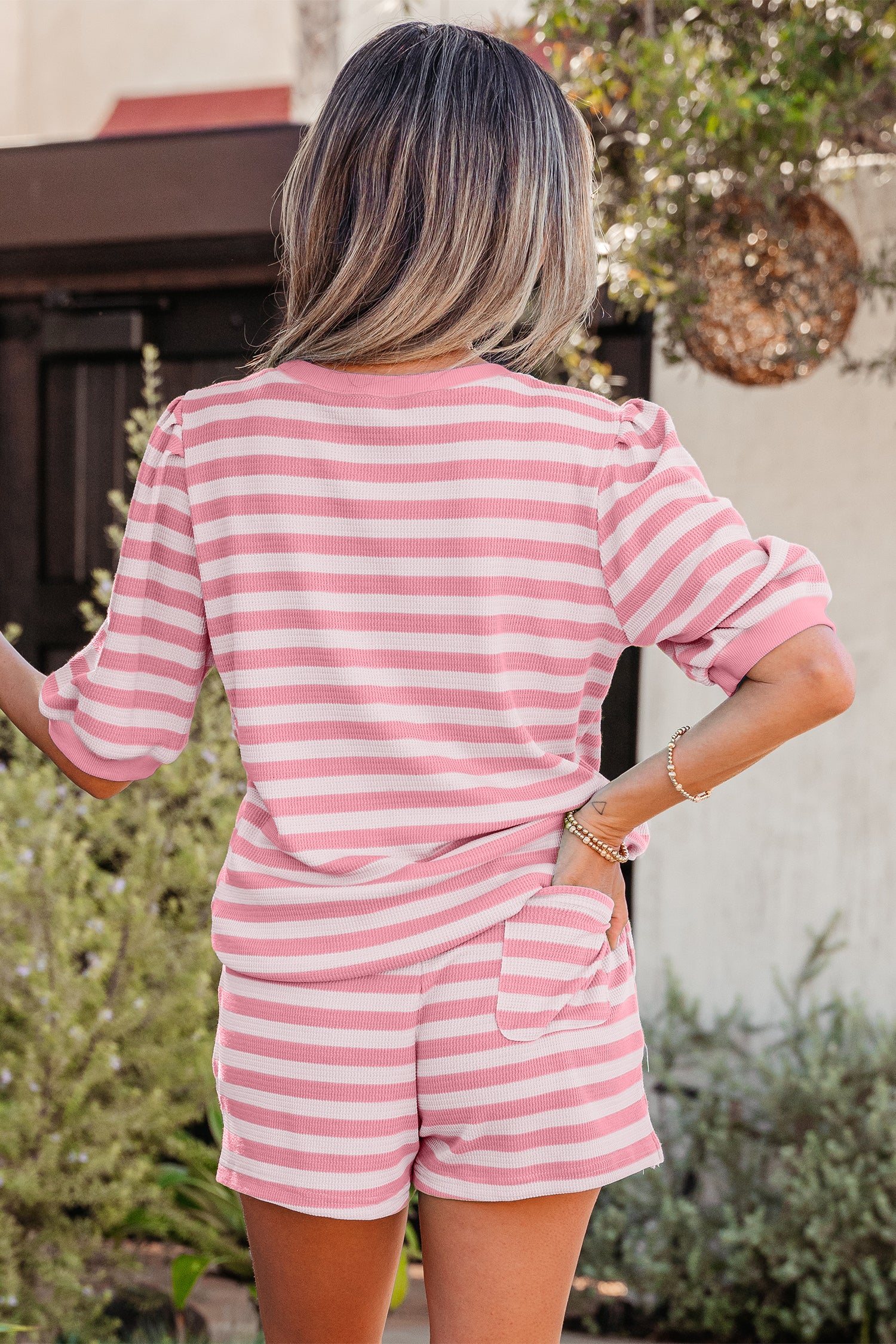 Puff Short Sleeve T Shirt Matching Shorts Set – Green Stripe