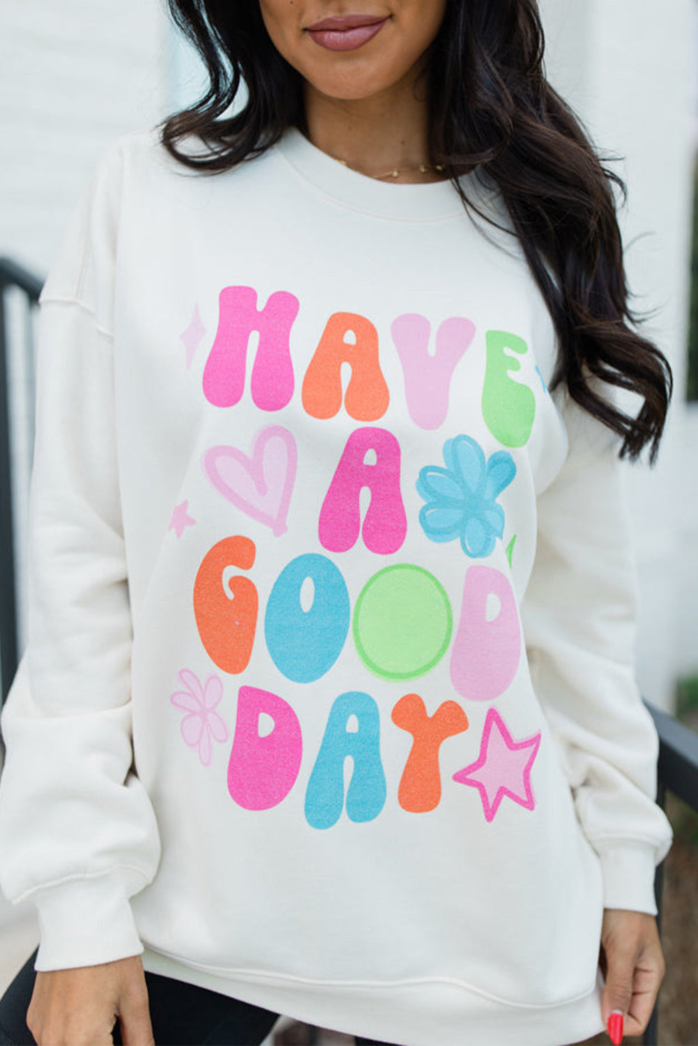 Beige HAVE A GOOD DAY Drop Shoulder Graphic Sweatshirt eAura