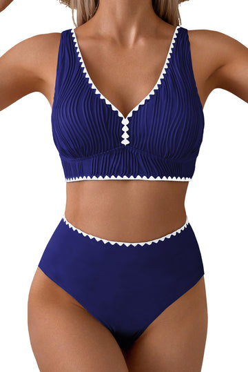 Shell Stitched Trim V-Neck Textured High Waist Bikini