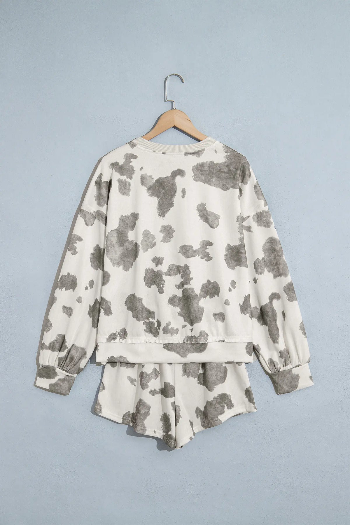 Western Print Raw Hem Long Sleeve Top Drawstring Shorts Set – Grey