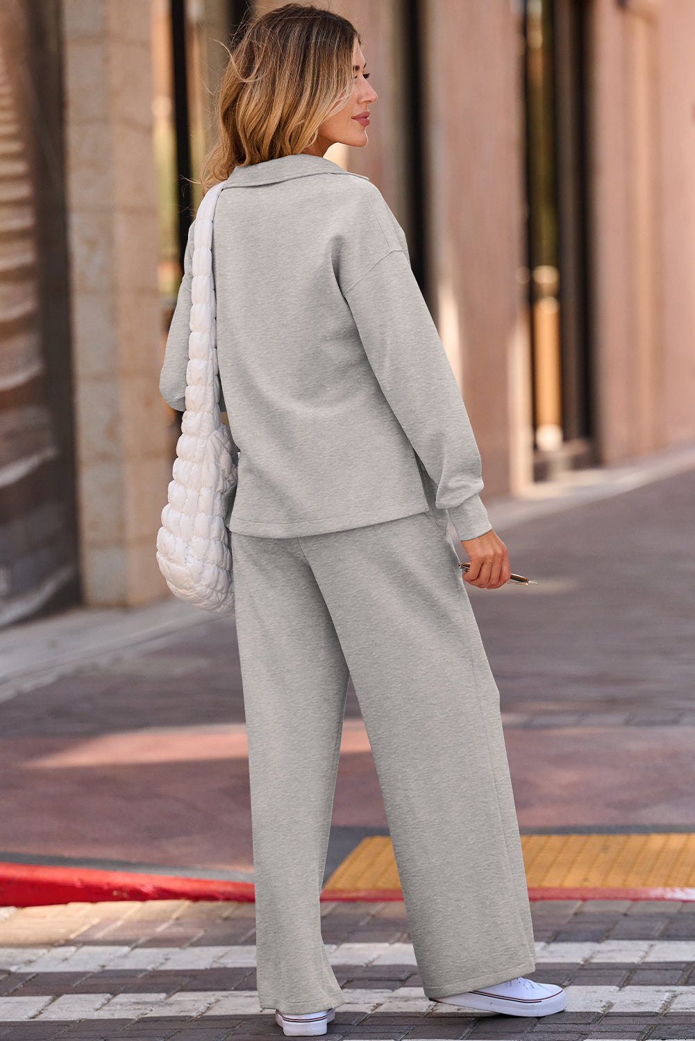 Solid Color V Neck Top and High Waist Pants Set – Gray