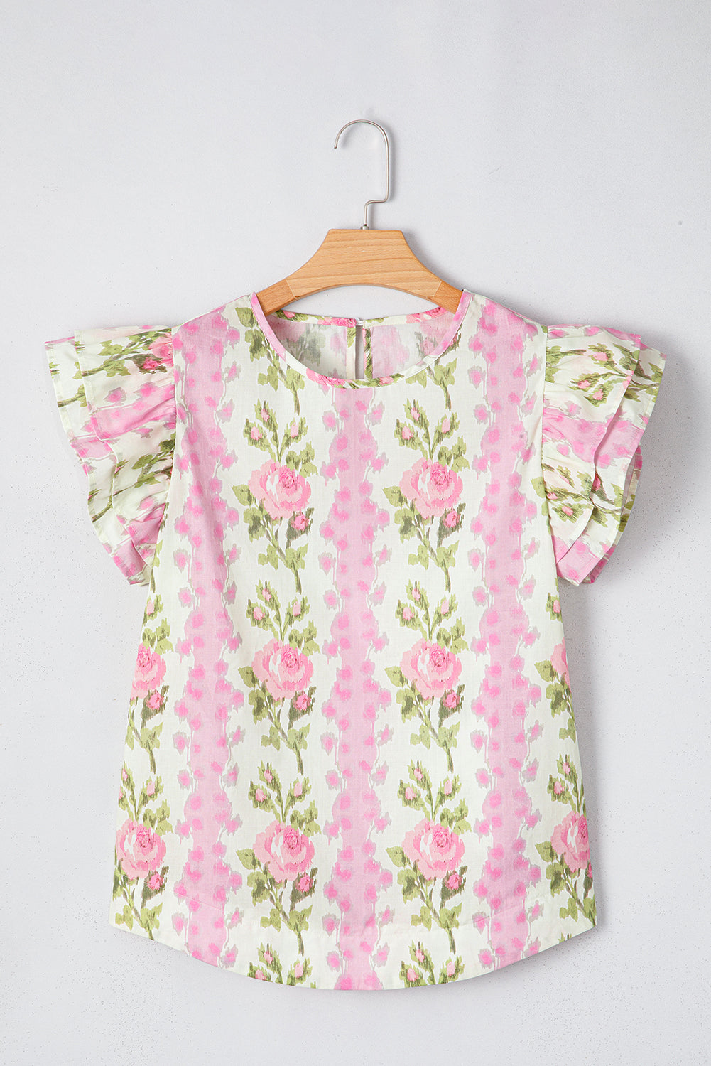 Pink Floral Print Ruffled Sleeve Summer Top eAura