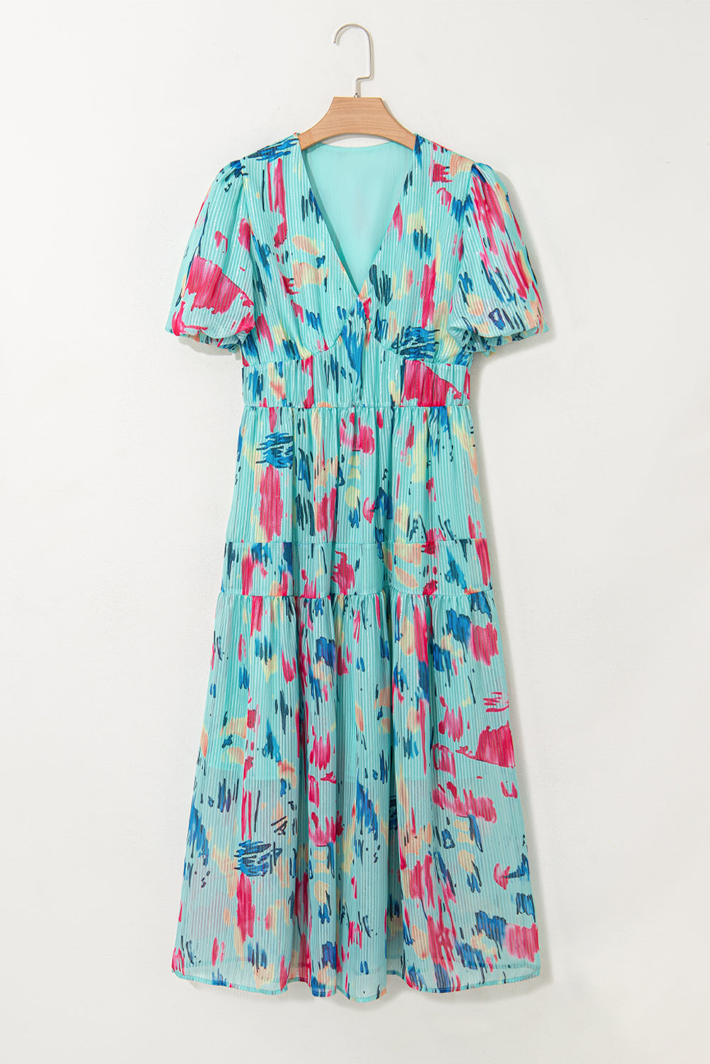 Abstract Print Short Puff Sleeve Tiered Maxi Dress eAura
