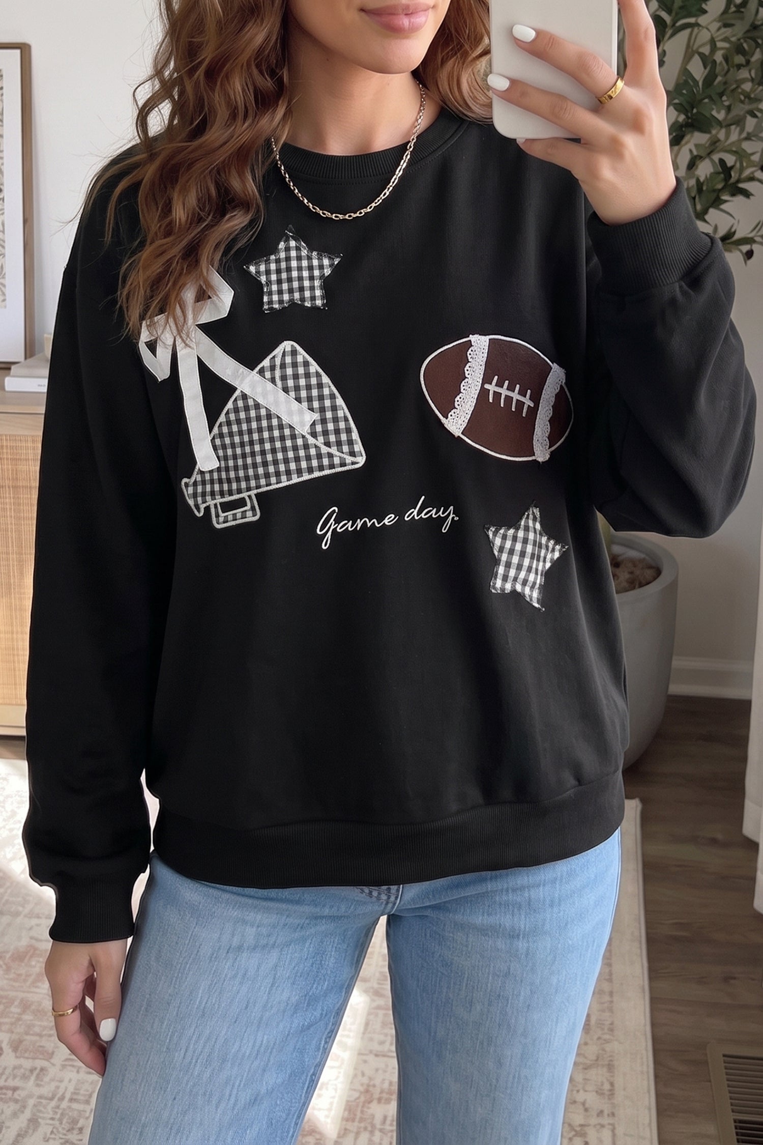 Gingham Patch Embroidered Rugby Game Day Stars Sweatshirt – Racing Red