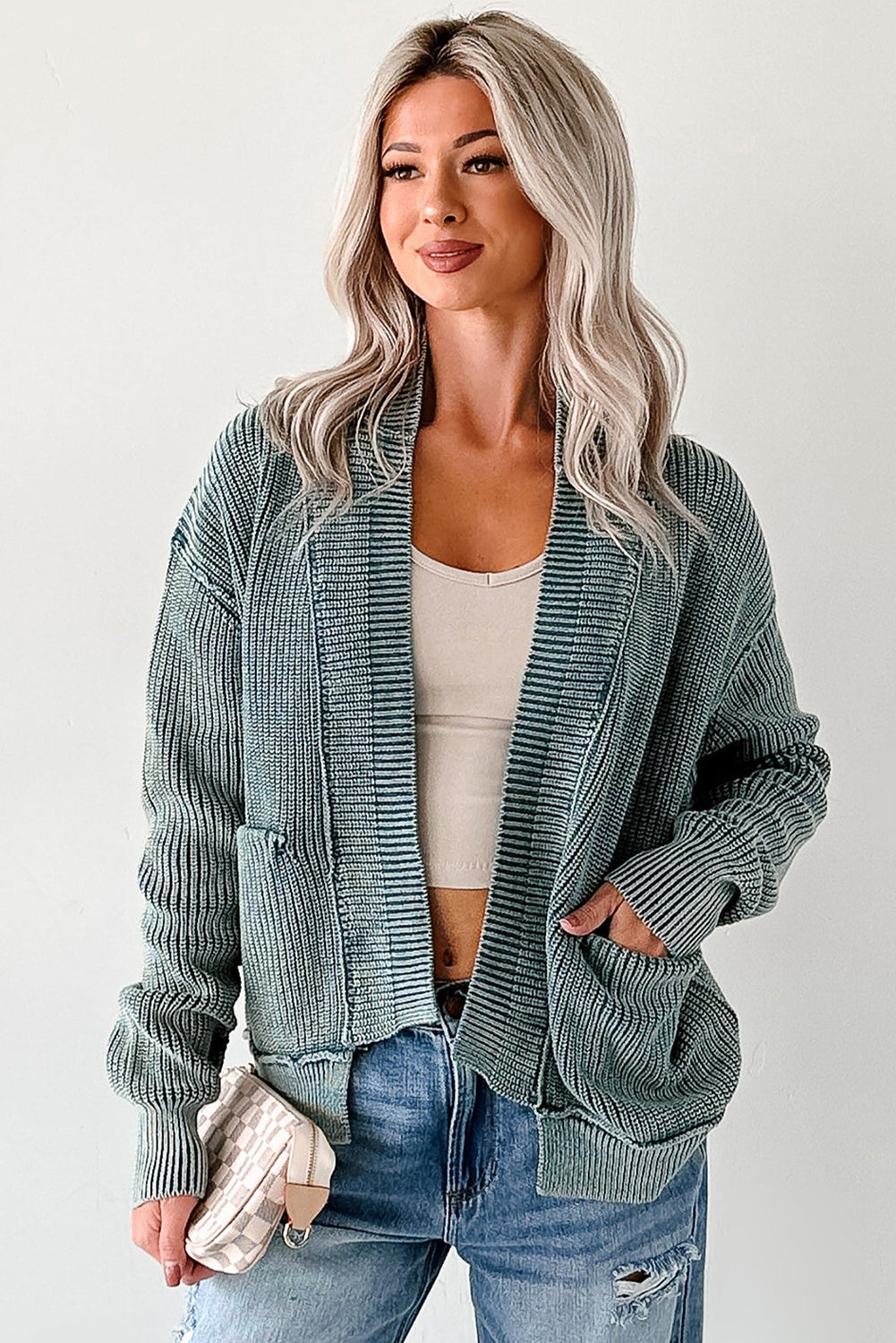 Mineral Wash Exposed Seam Patchwork Knit Open Cardigan
