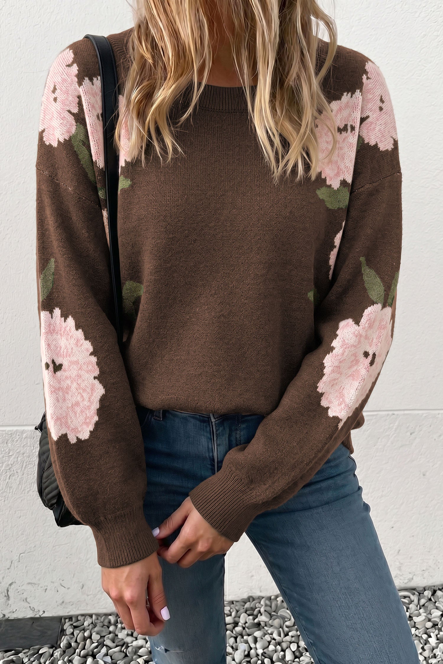 Floral Print Drop Shoulder Relaxed Pullover Sweater – Dark Brown