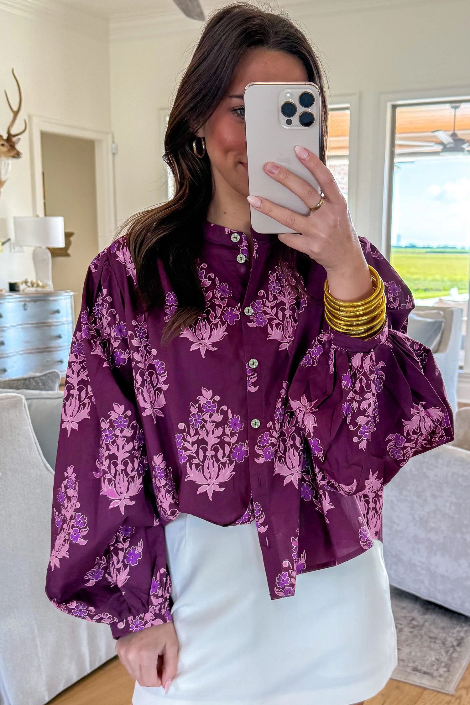 Floral Print Button Front Long Puff Sleeve Shirt – Purple