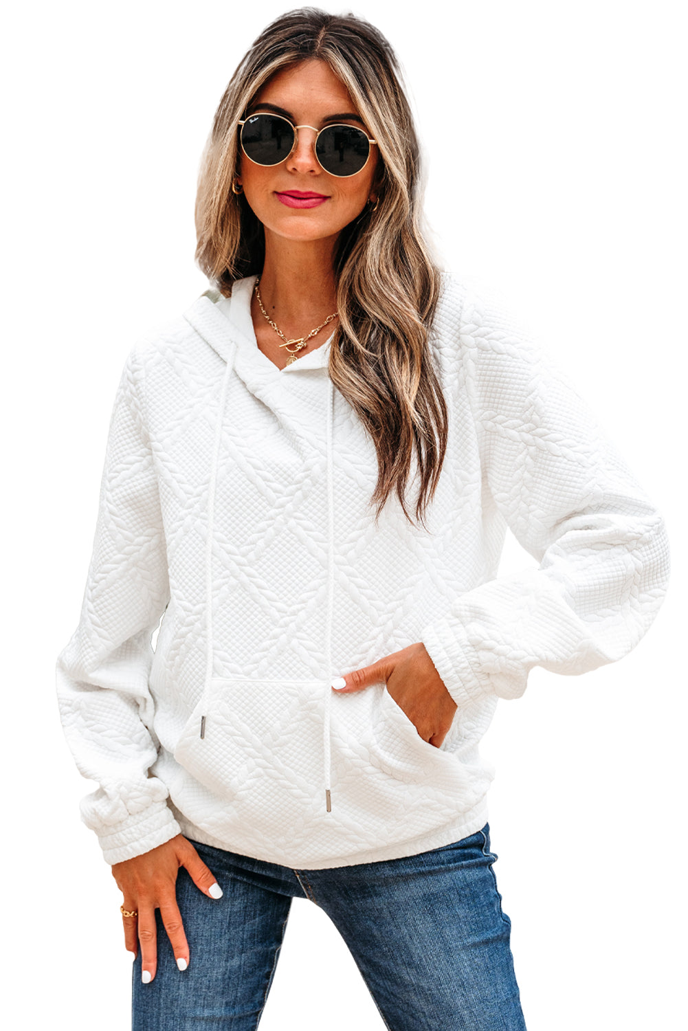 White Cable Lattice Texture Hoodie eAura