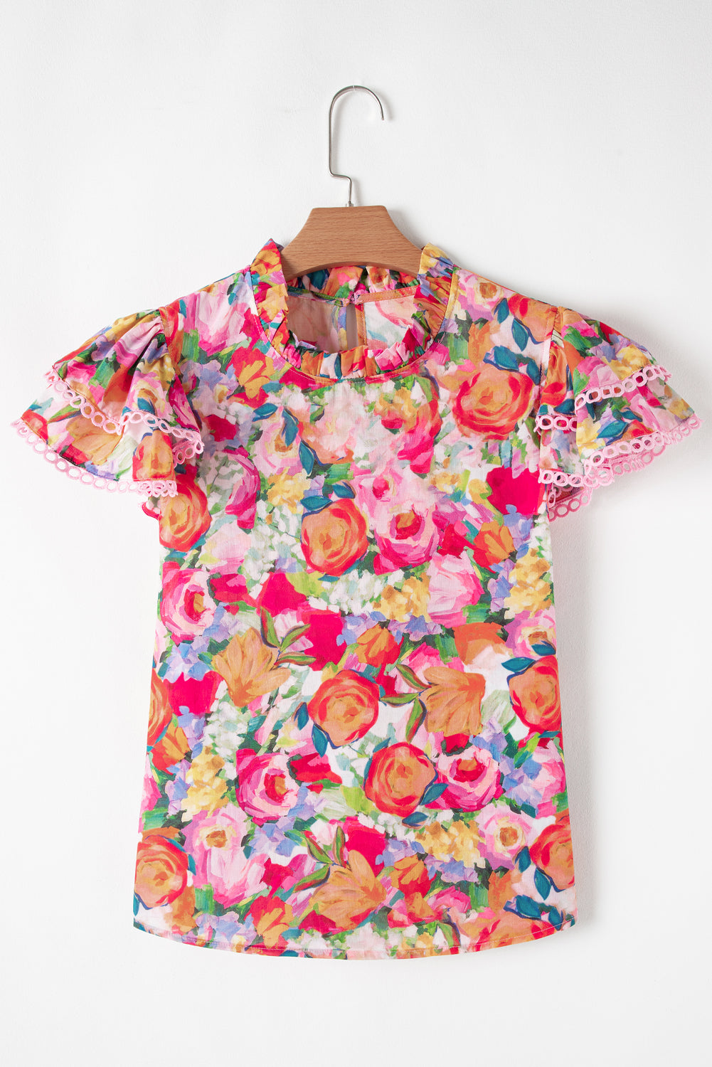 Multicolour Lace Trim Ruffle Short Sleeve Floral Blouse eAura