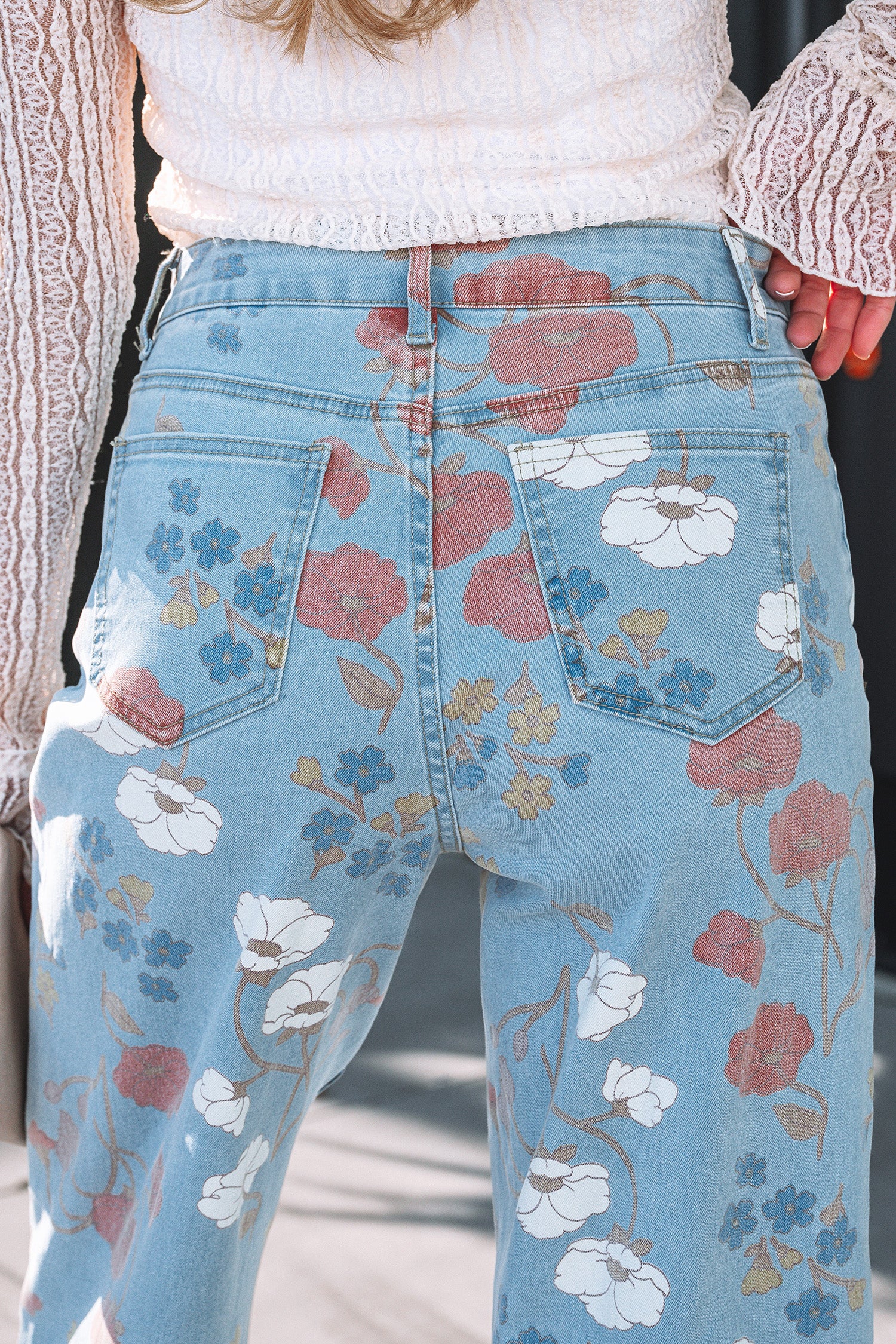 Blue Floral Printed Raw Hem Jeans