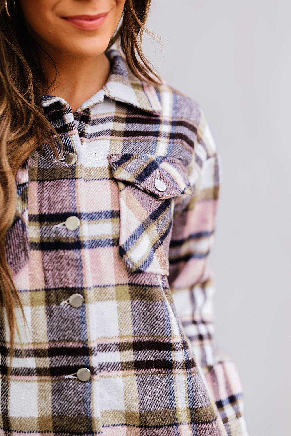 Pink Geometric Plaid Print Pocketed Shacket Beagle Boutique Fashion Outlet
