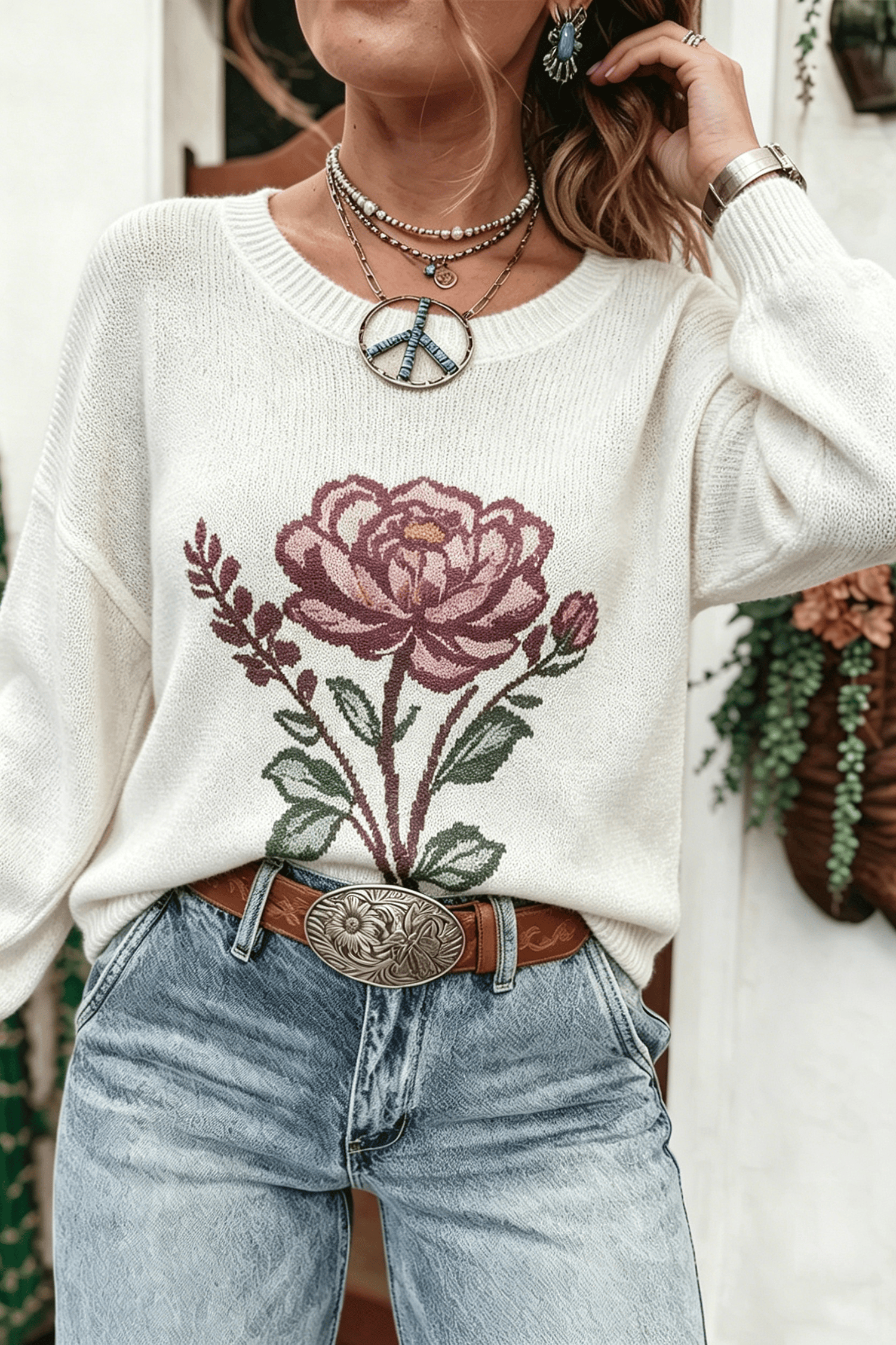 Western Floral Dropped Shoulder Lightweight Knit Sweater – White