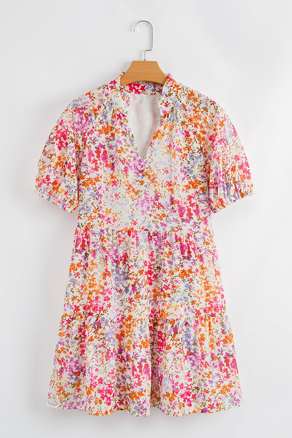 Red Floral Puff Sleeve V-Neck Tiered Mini Dress eAura