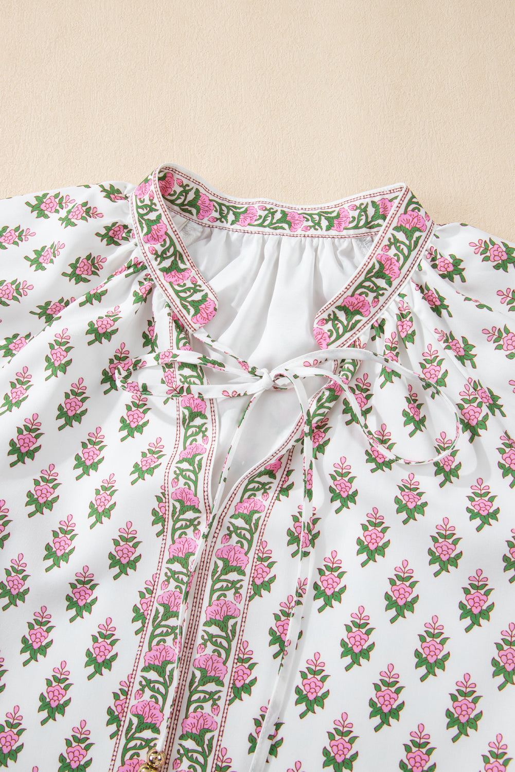 Pink Floral Print Bubble Sleeve Neck Tie Ruffled Dress eAura