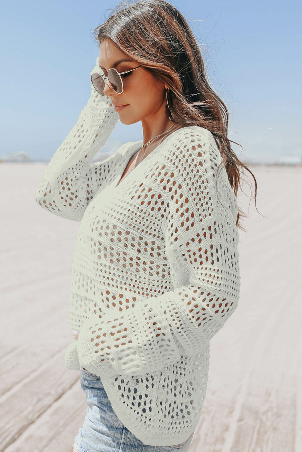 White Hollow Out Crochet V Neck Pullover Sweater eAura