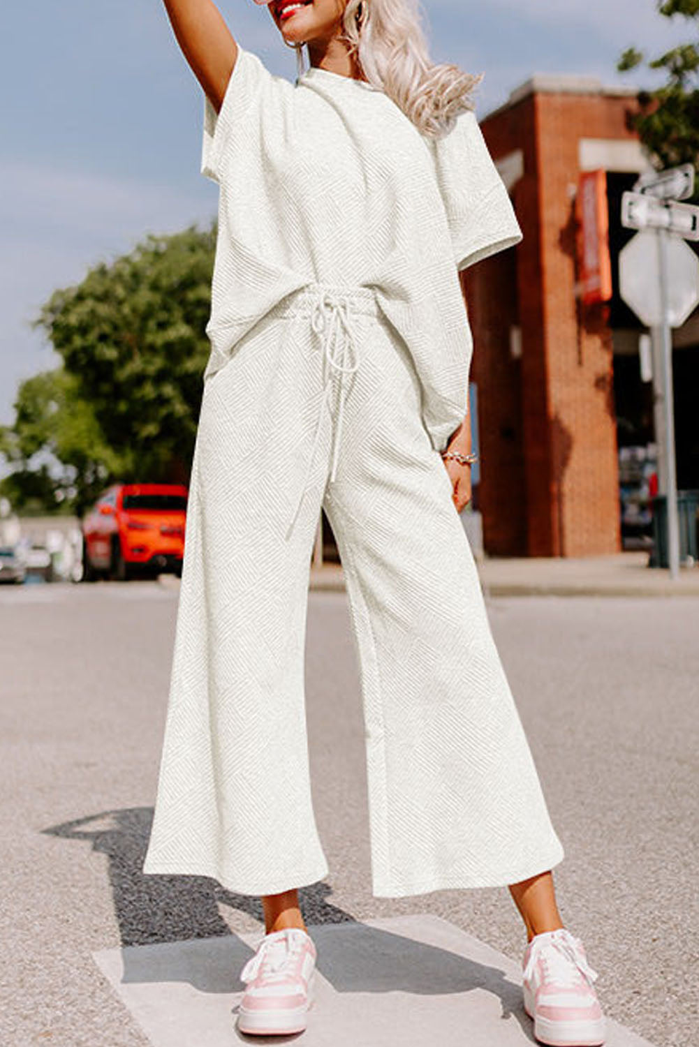 Textured Loose Fit T Shirt and Drawstring Trousers Co-ord Set eAura