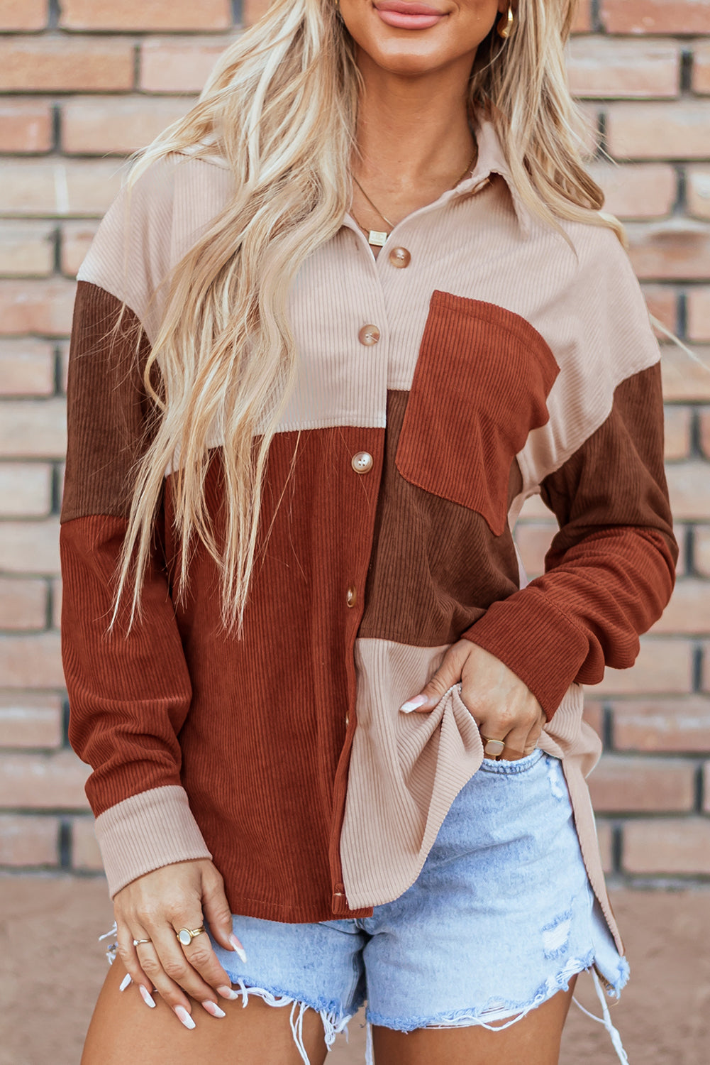 Cinnamon Colourblock Curved Hem Corduroy Shacket with Pocket Beagle Boutique Fashion Outlet