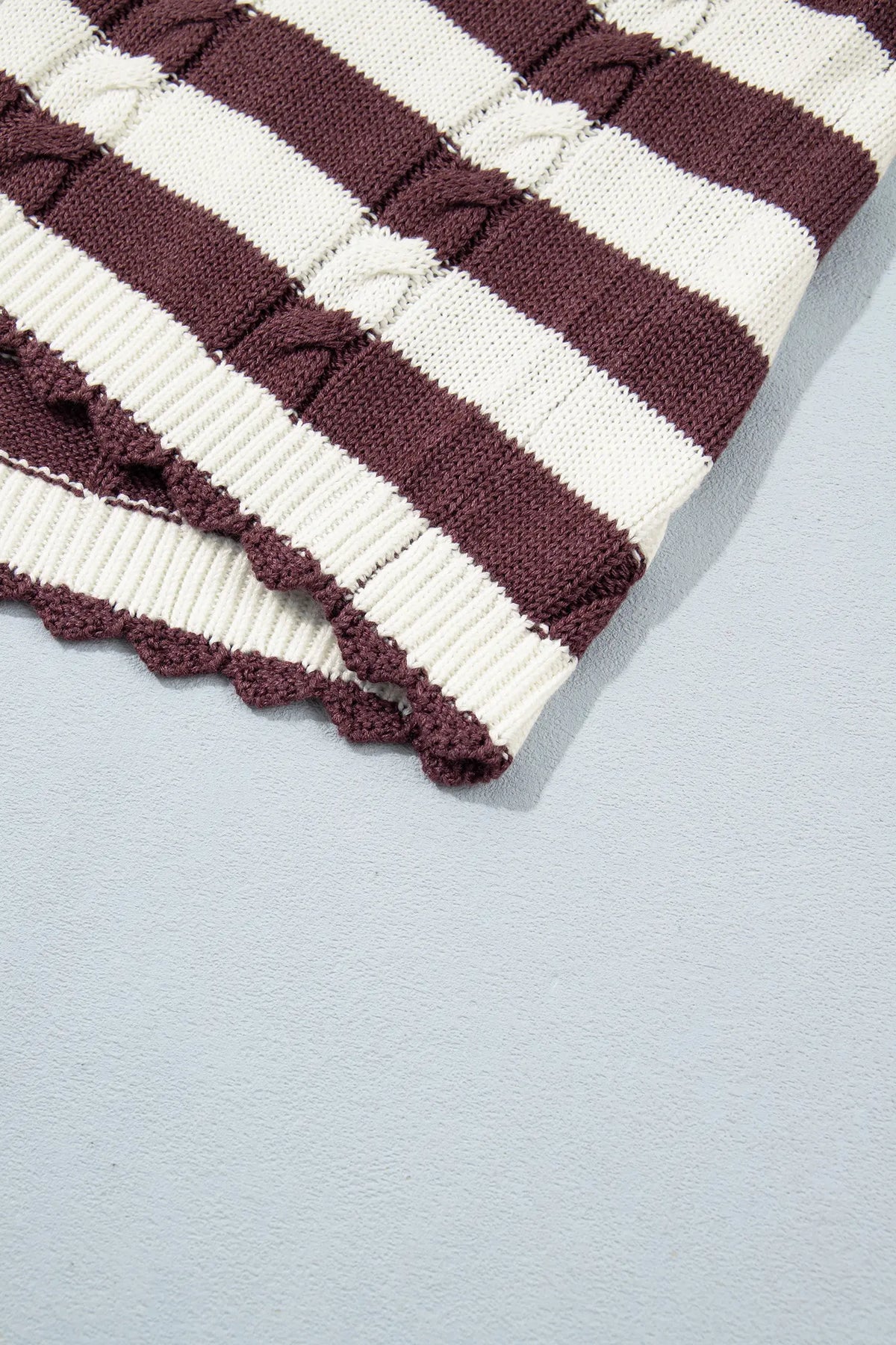 Ribbed Knit Cable Detail Short Sleeve Sweater – Brown Stripe