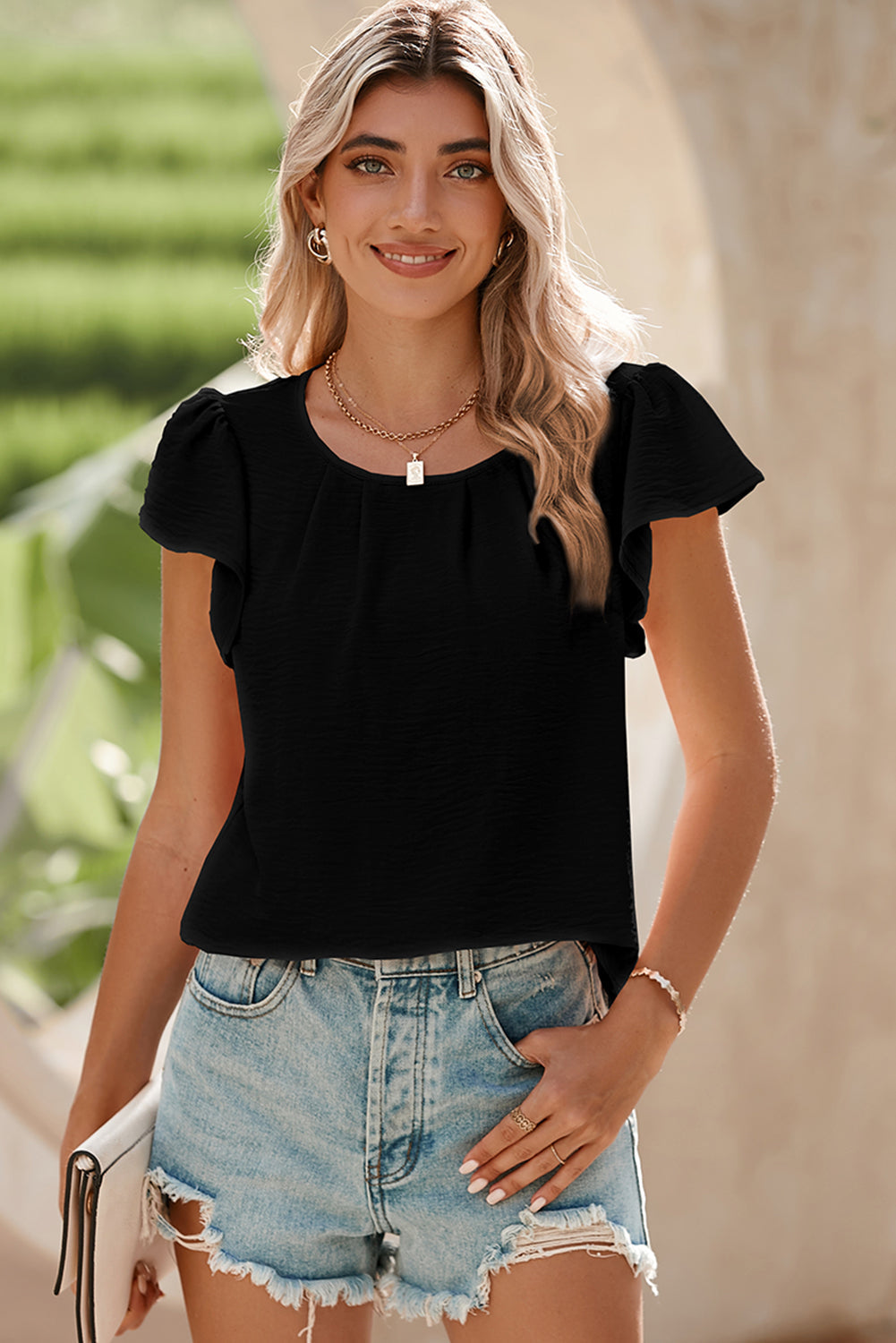 Flounce Sleeve Pleated Textured Blouse eAura