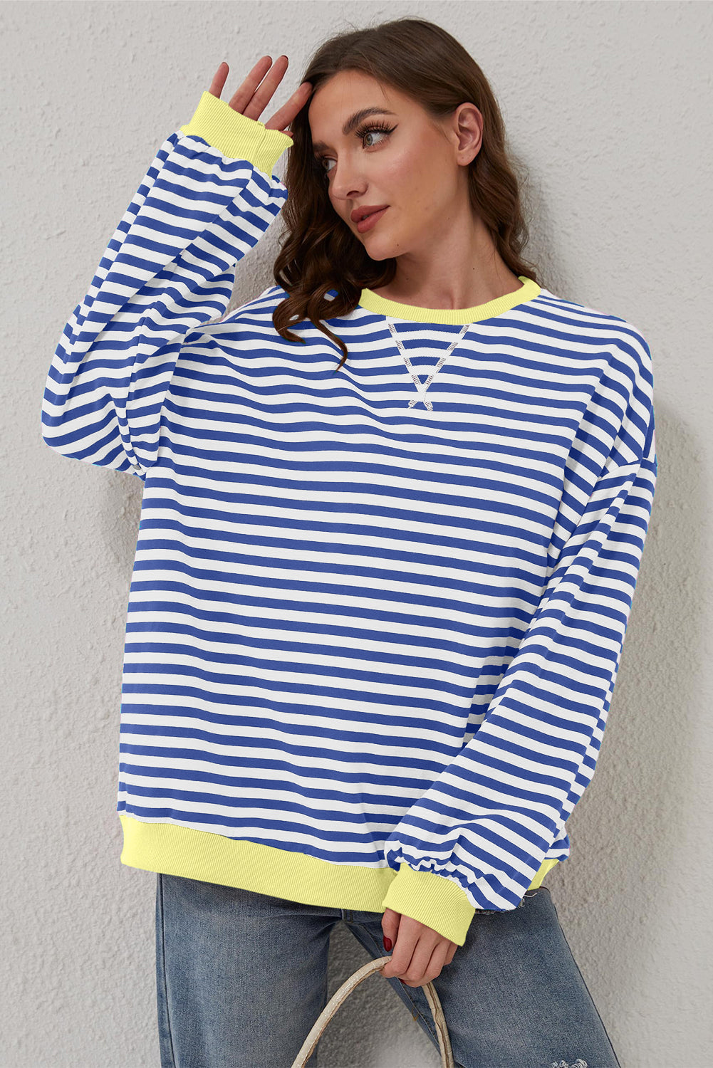 Sky Blue Stripe Oversized Contrast Trim Pullover Sweatshirt BB Fashion Outlet