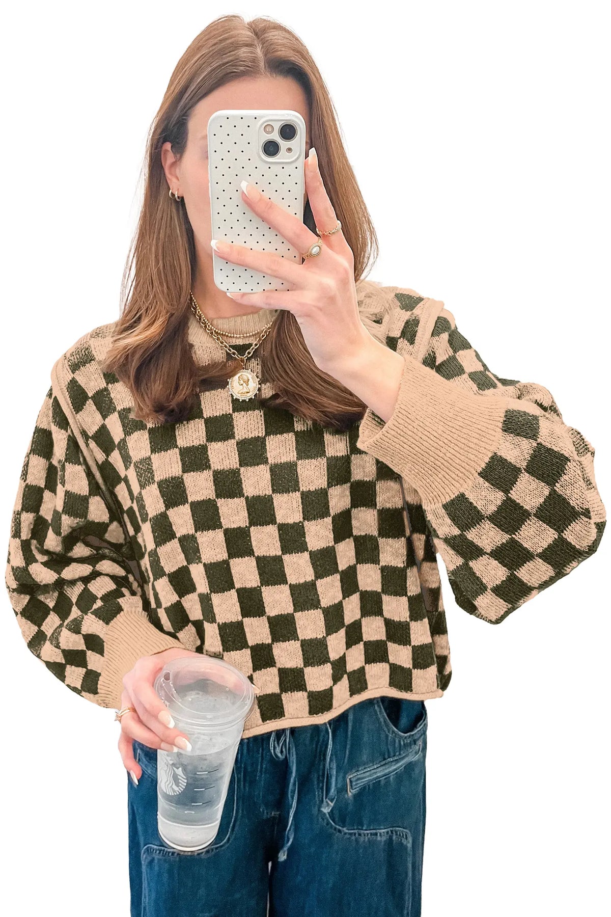 Drop Shoulder Plaid Knit Long Sleeve Sweater – Multicolour
