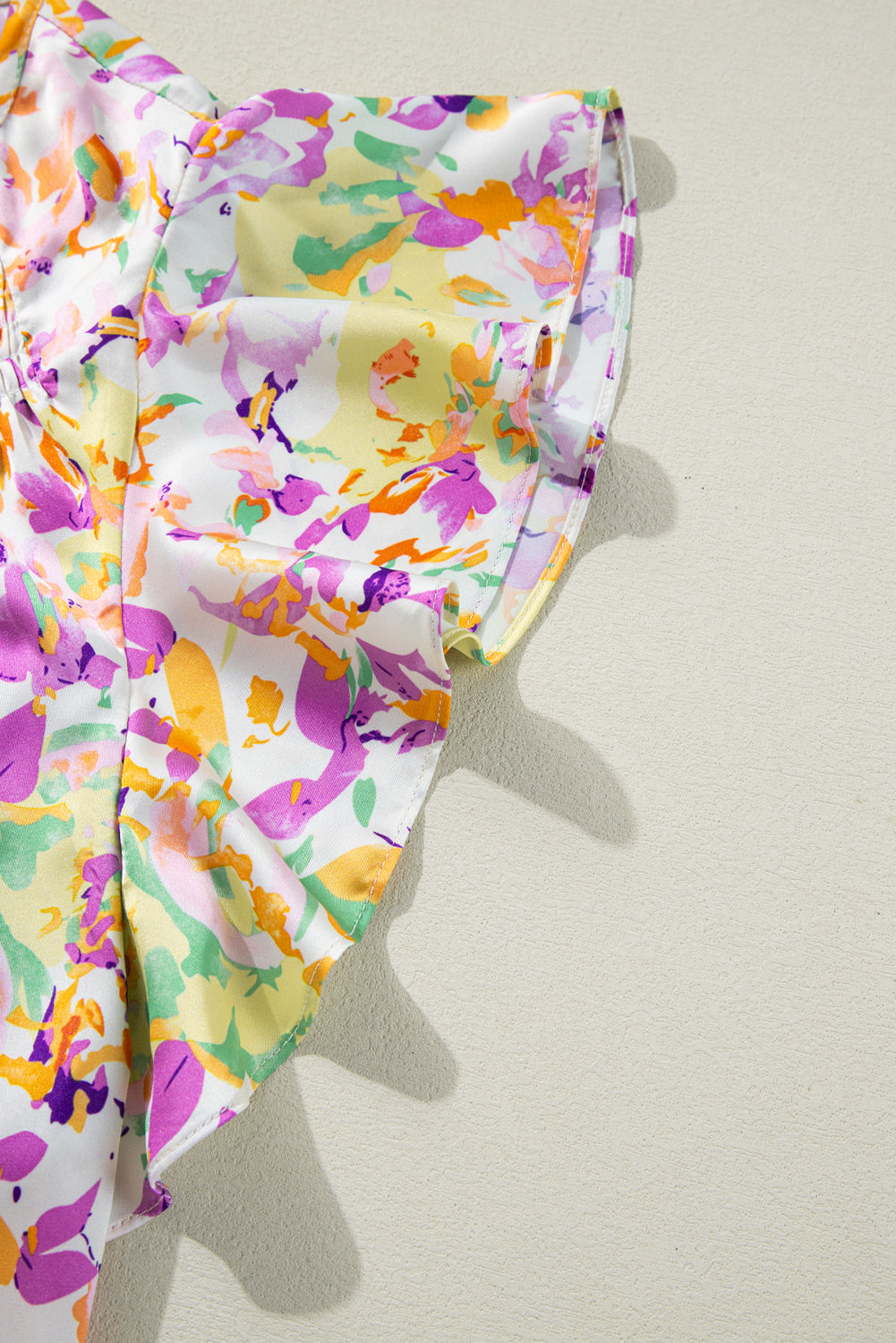 Purple Abstract Printed Ruffled Short Sleeve Notched Neck Blouse eAura