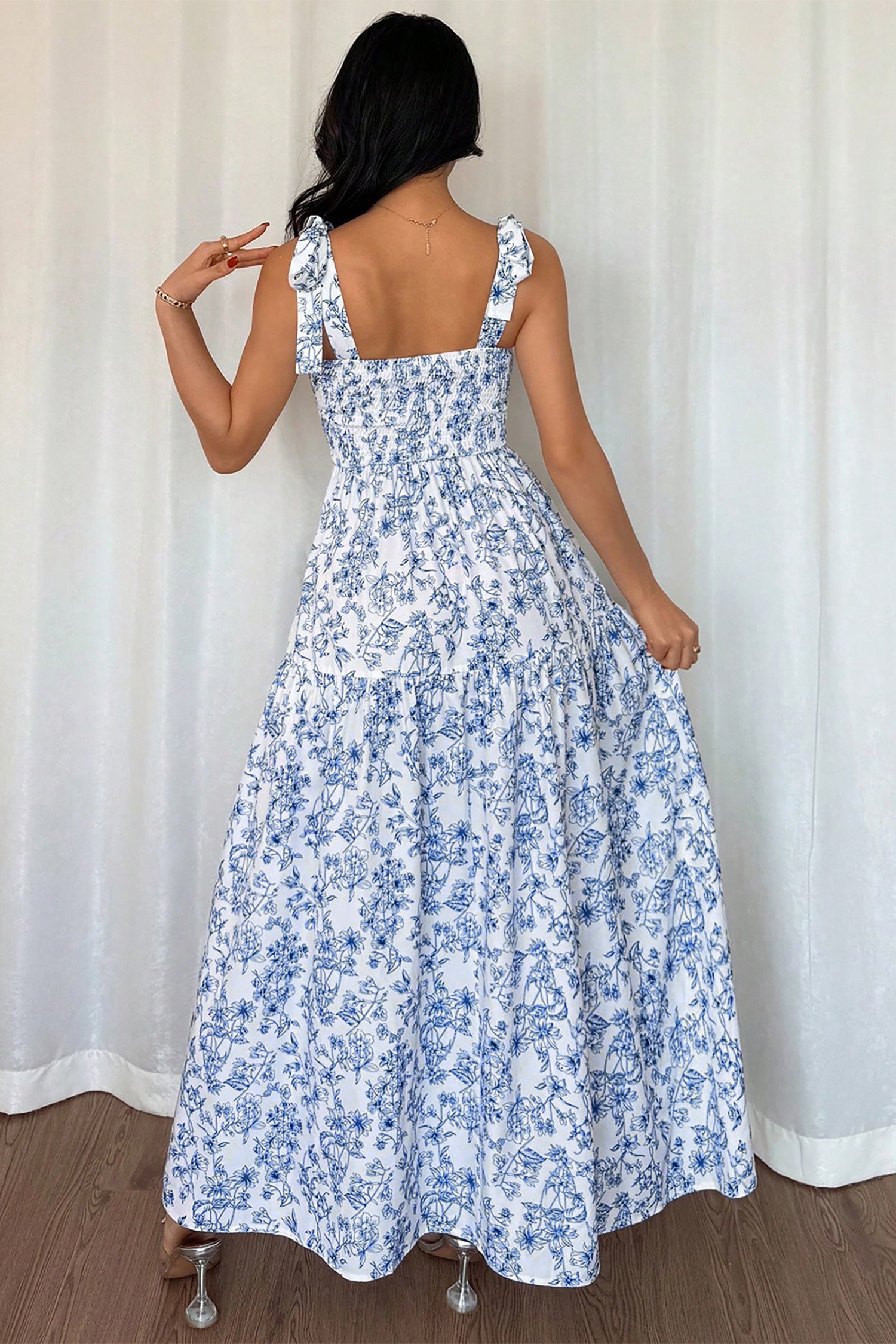 Sky Blue Floral Print Knot Strap Maxi Dress