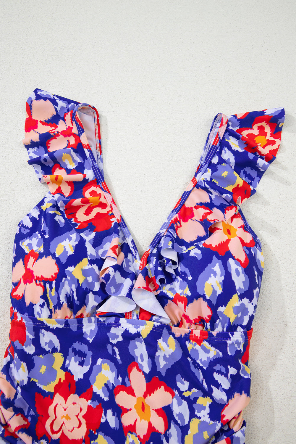 Blue Floral Ruffle Trim V Neck Lace-up Back Tummy Control One Piece Swimsuit eAura