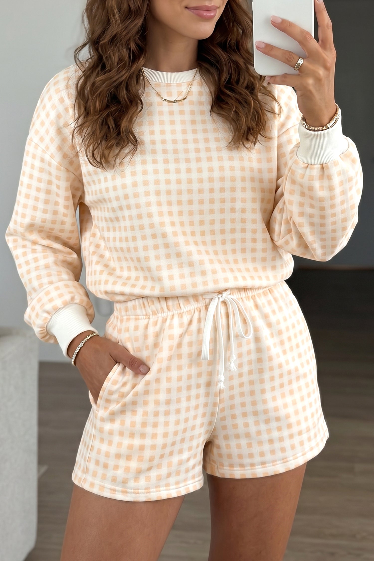 Plaid Baggy Pullover Drawstring Casual Shorts 2pcs Outfit – Yellow