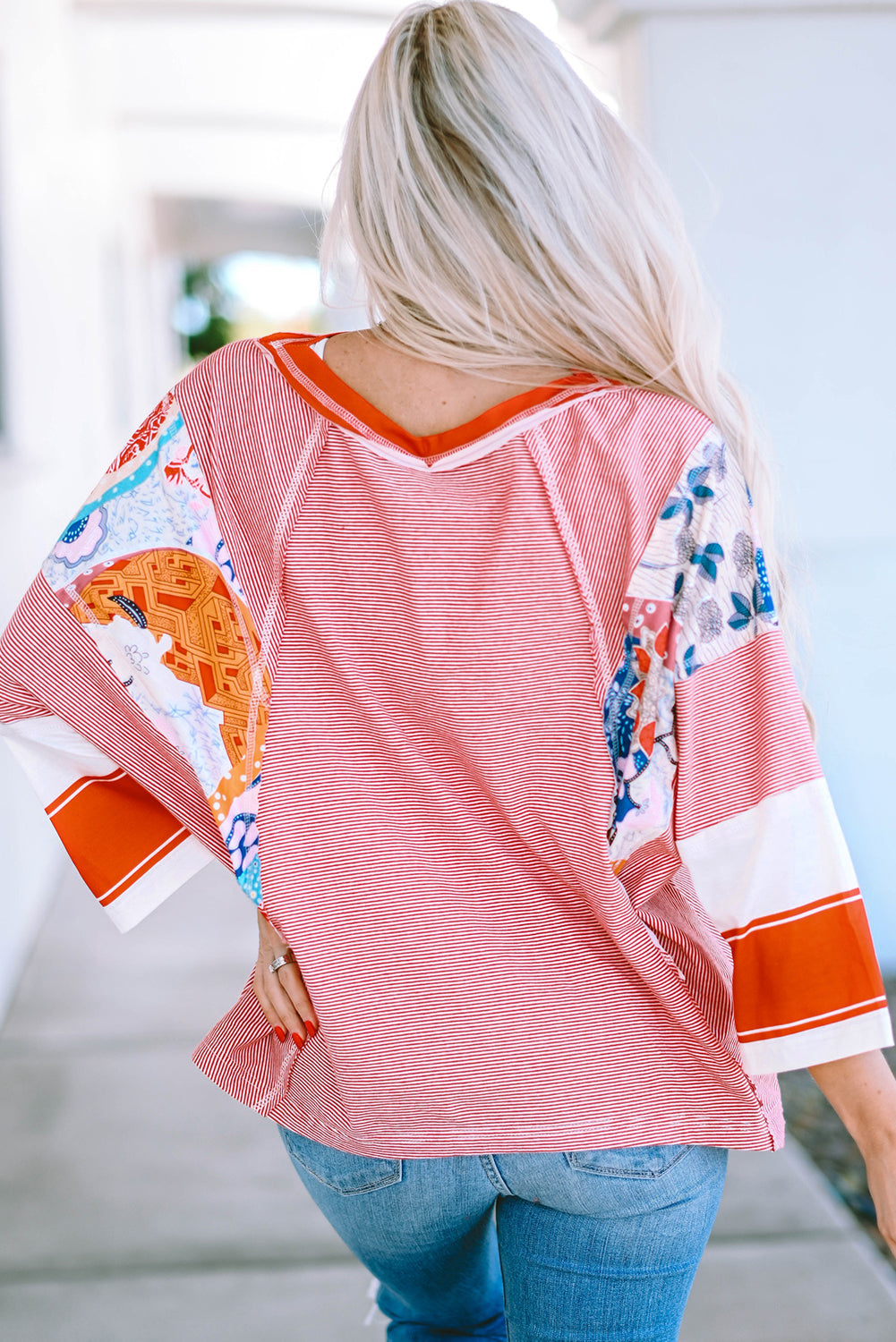 Fiery Red Pinstriped Colour Block Patchwork Oversized Top eAura