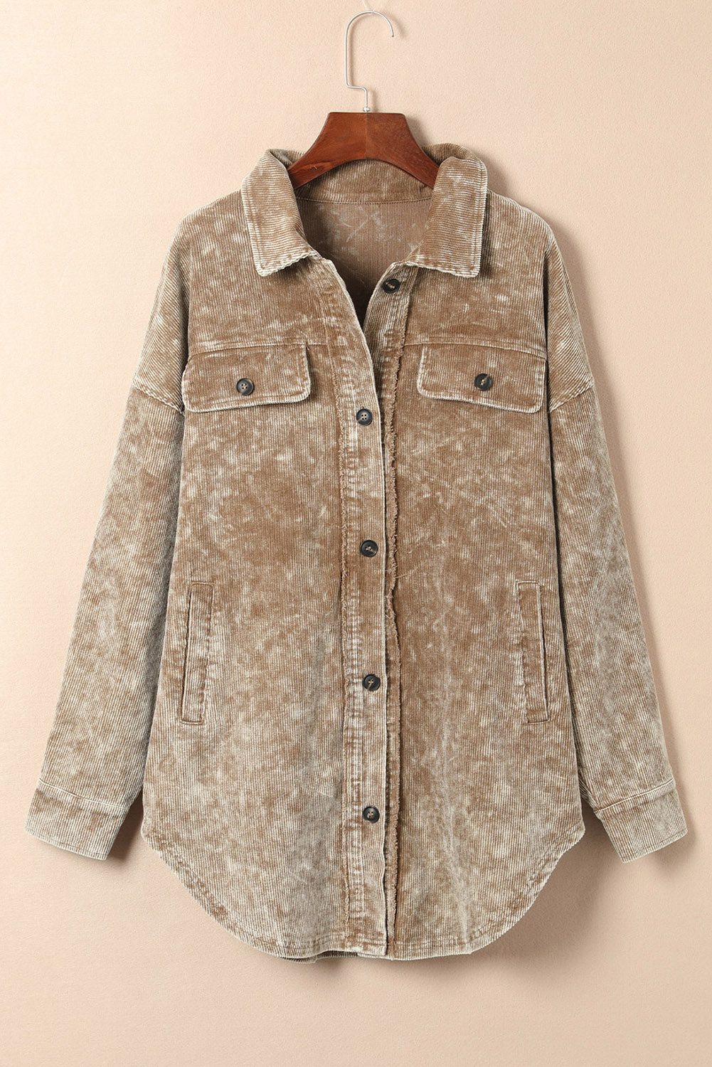 Khaki Vintage Distressed Mineral Wash Oversized Shacket eAura
